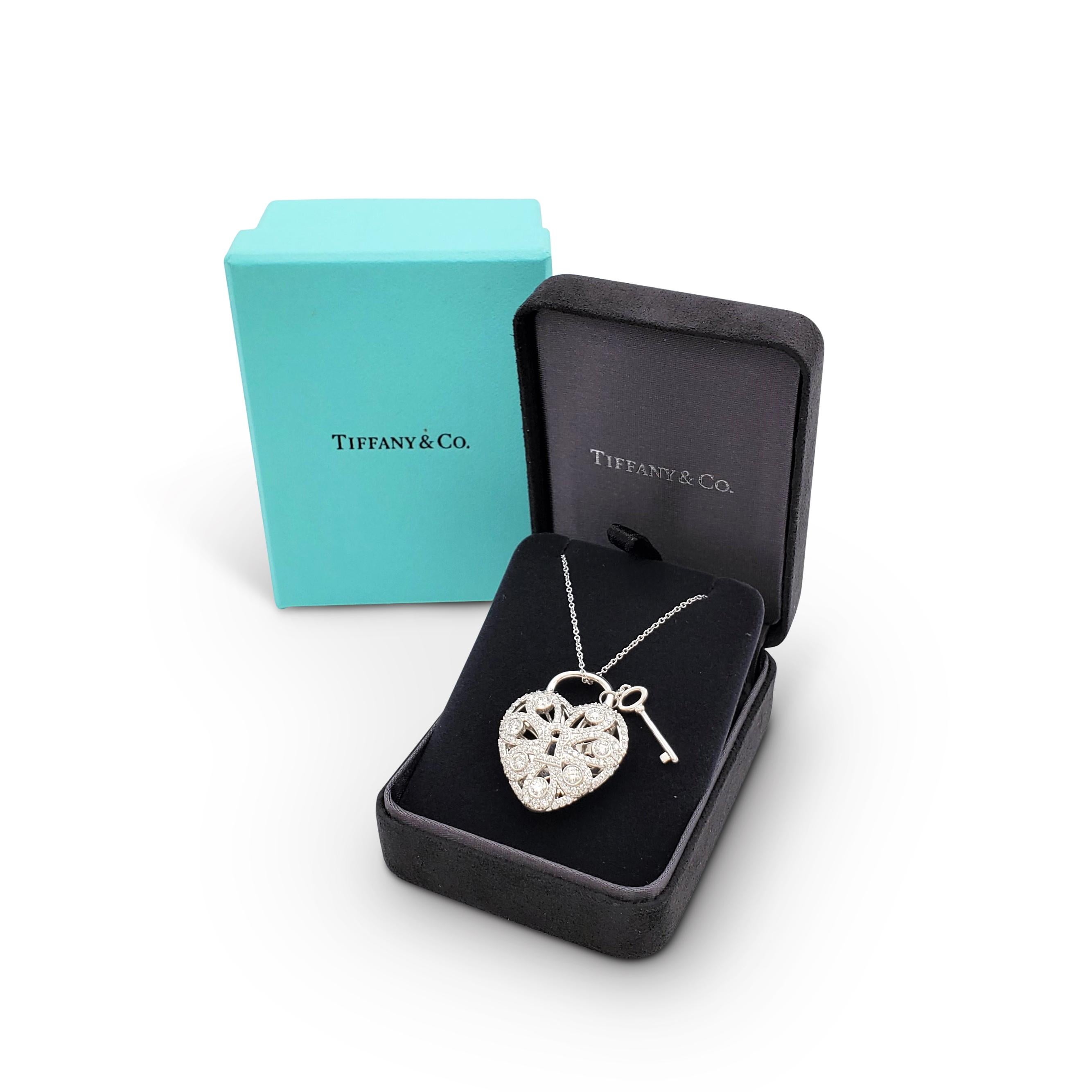 Tiffany & Co. White Gold and Diamond 'Filigree' Heart and Key Pendant Necklace In Excellent Condition In New York, NY