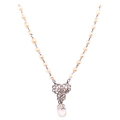 Tiffany & Co. White Gold Beaded Pearl Necklace with Diamonds and Large Briolette