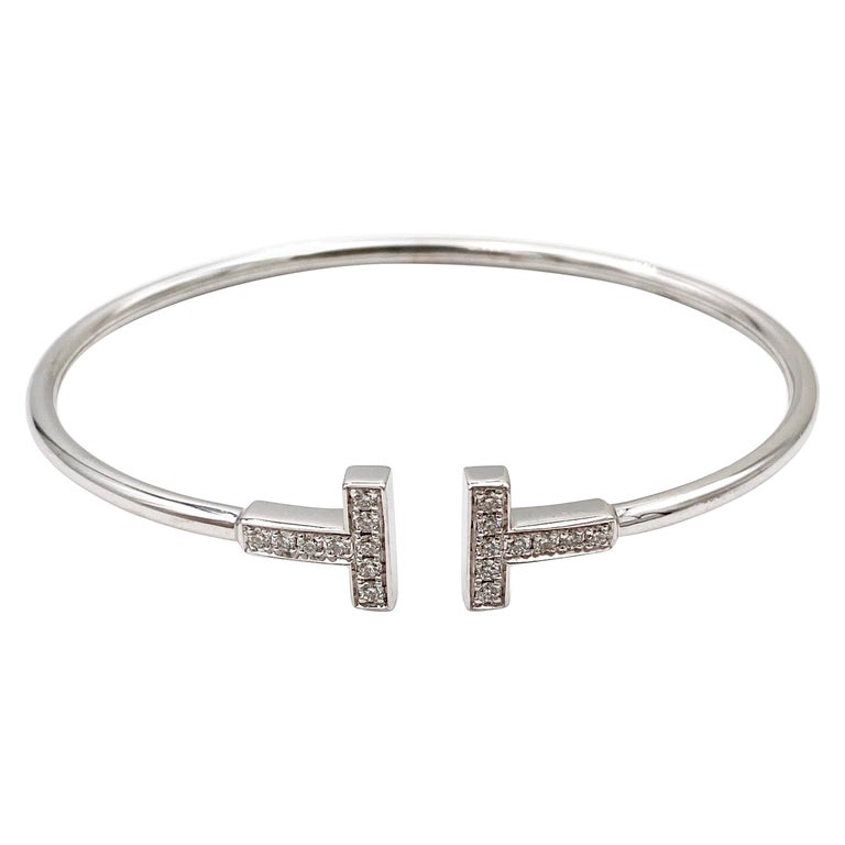 Tiffany and Co. White Gold Diamond T-Square Wire Bangle at 1stDibs