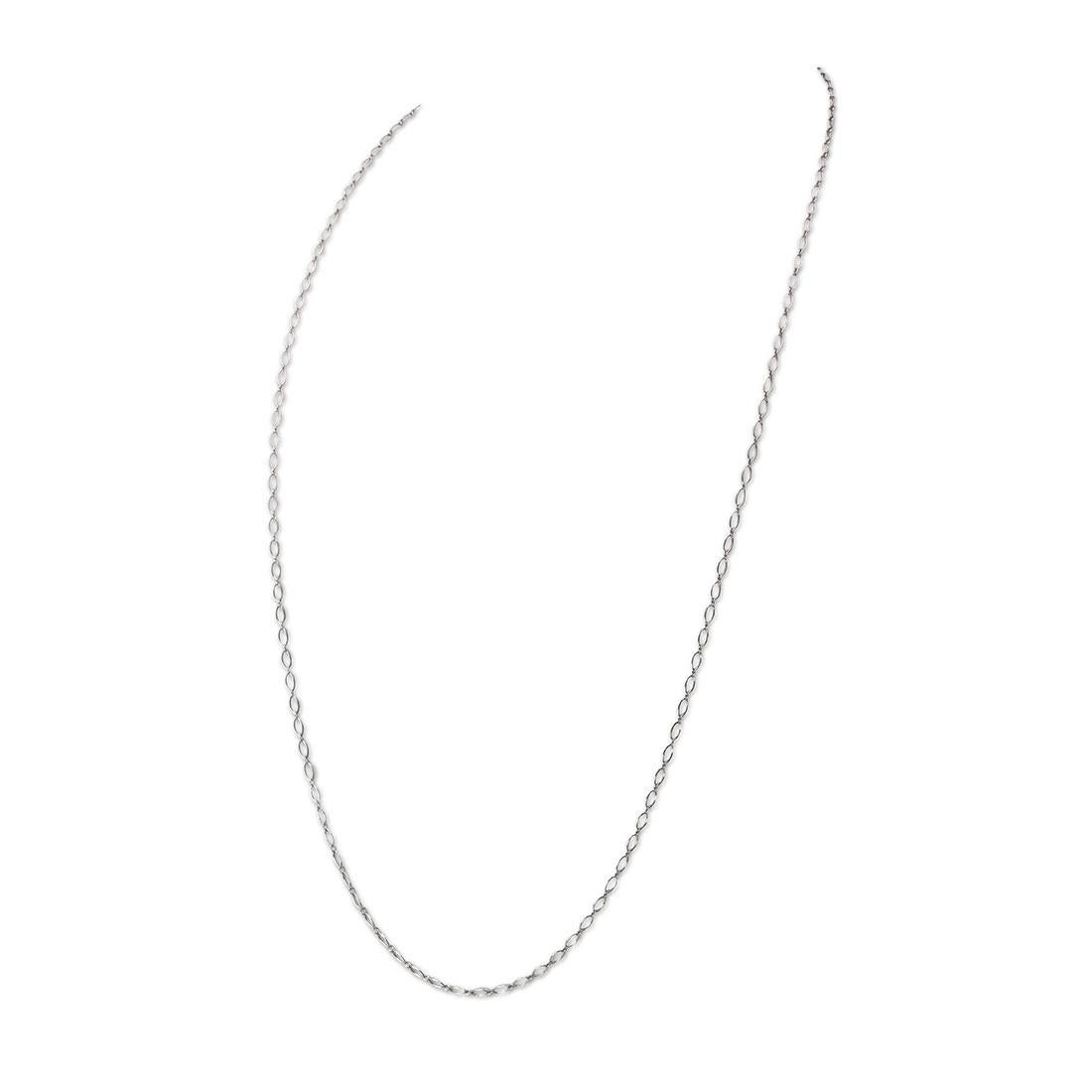 Authentic Tiffany & Co. oval link chain crafted in 18 karat white gold. The fine oval links measure 2.7mm in width and are connected by small round links. The chain measures 30 1/2 inches in length. Signed Tiffany & Co., 750. Necklace is presented