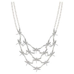 Tiffany & Co. White Gold Pearl Diamond Dragonfly Statement Bib Necklace 16.5"