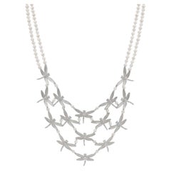 Tiffany & Co. White Gold Pearl Diamond Dragonfly Statement Bib Necklace 16.5"