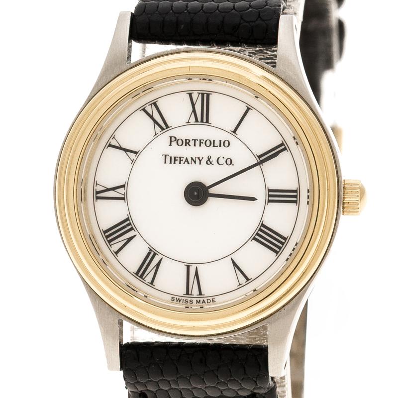 Tiffany & Co. White Gold Tone Stainless Steel Portfolio Women's Wristwatch 24 mm (Zeitgenössisch)