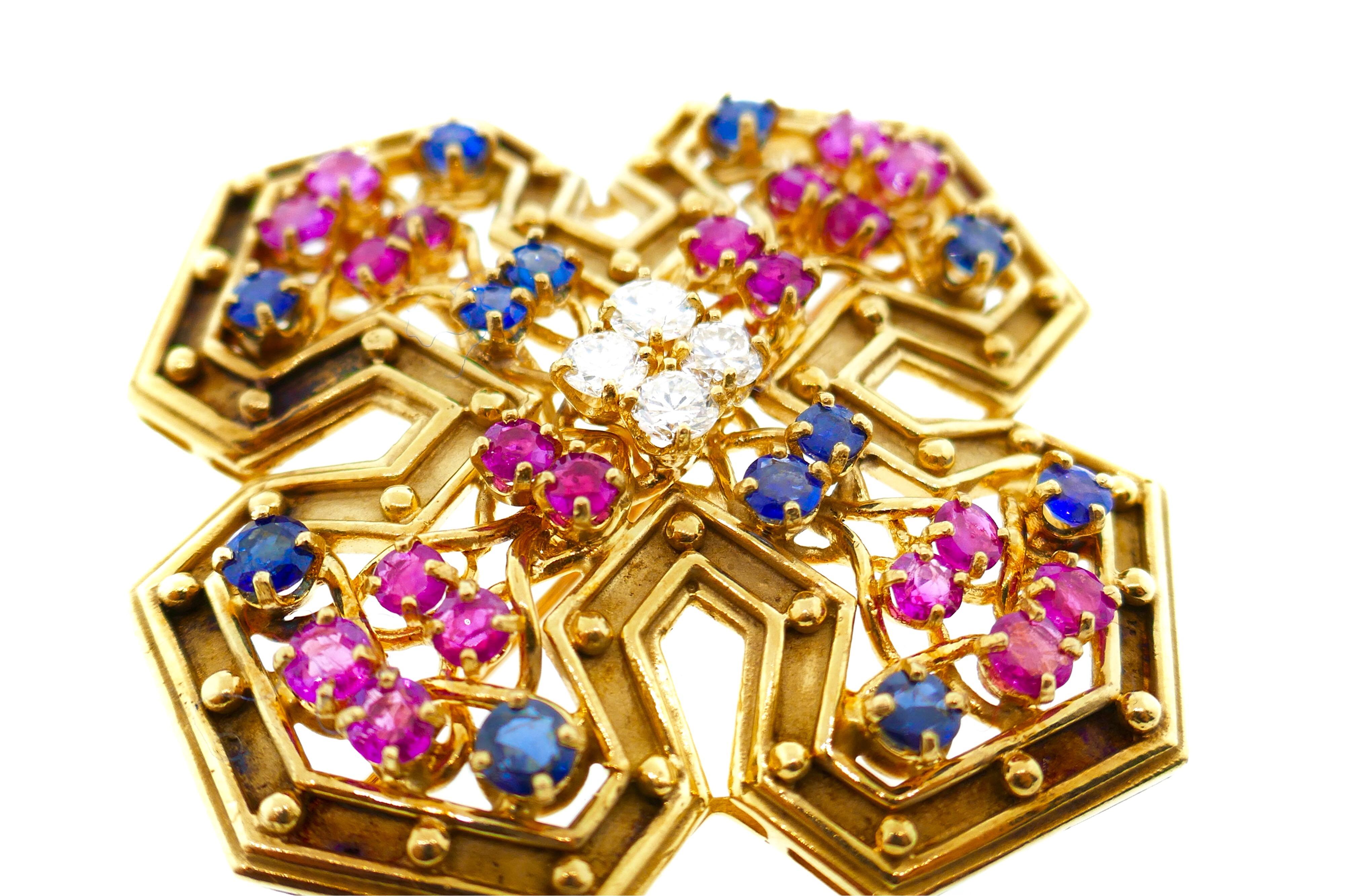 Tiffany & Co. White Pink Blue Sapphire Maltese Cross Brooch or Pendant In Good Condition In Beverly Hills, CA