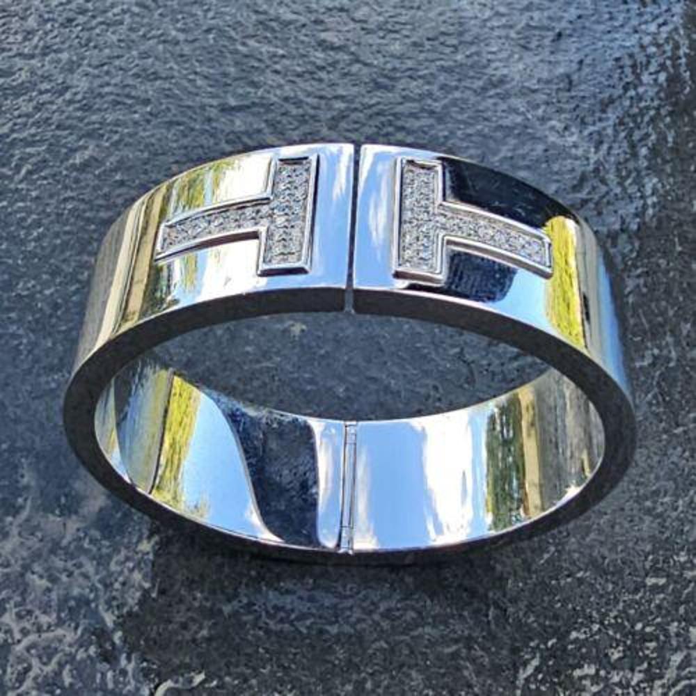 Round Cut Tiffany & Co. Wide T Diamond Bangle Bracelet 18k White Gold 20mm Rare For Sale