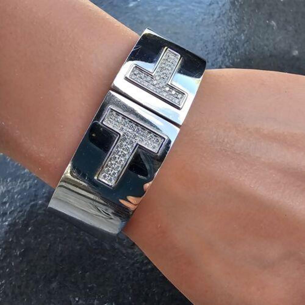 Tiffany & Co. Wide T Diamond Bangle Bracelet 18k White Gold 20mm Rare For Sale 3