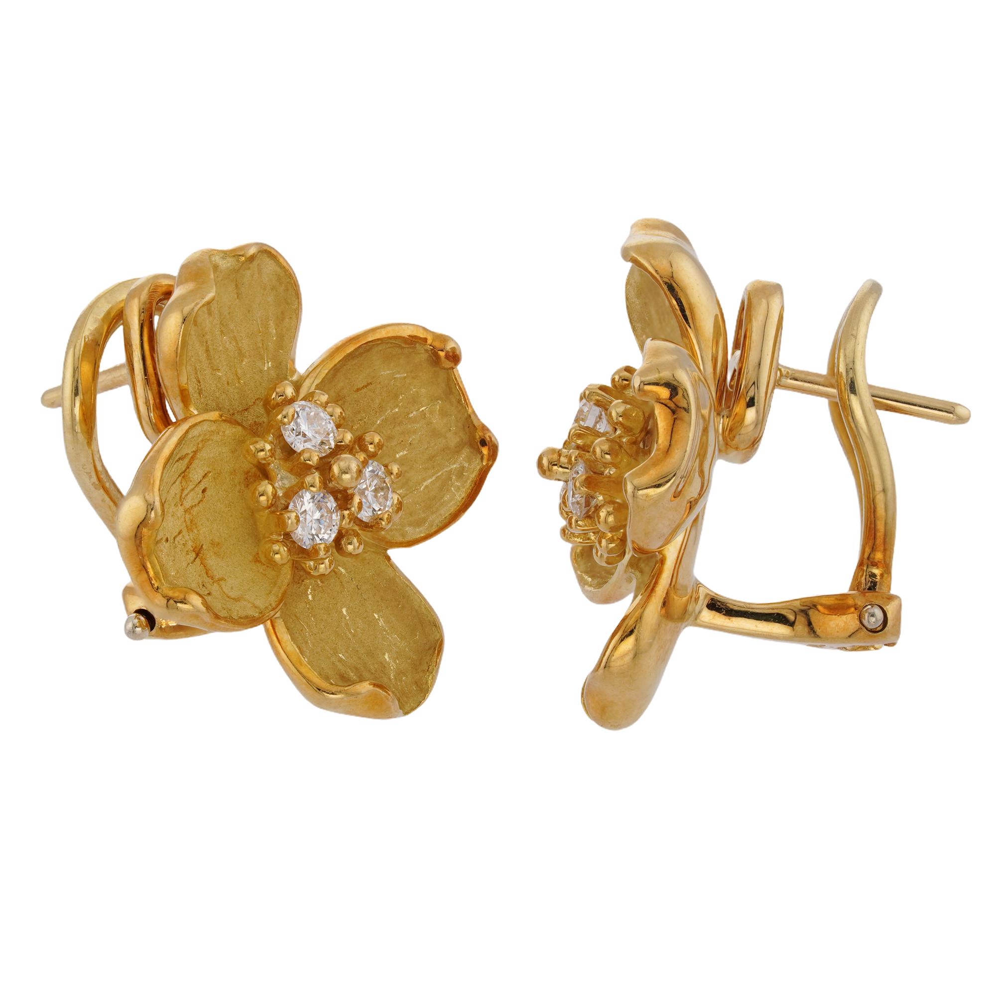 TIFFANY & CO Wildrose Hartriegel Blume Gelbgold Diamant Ohrringe Damen im Angebot