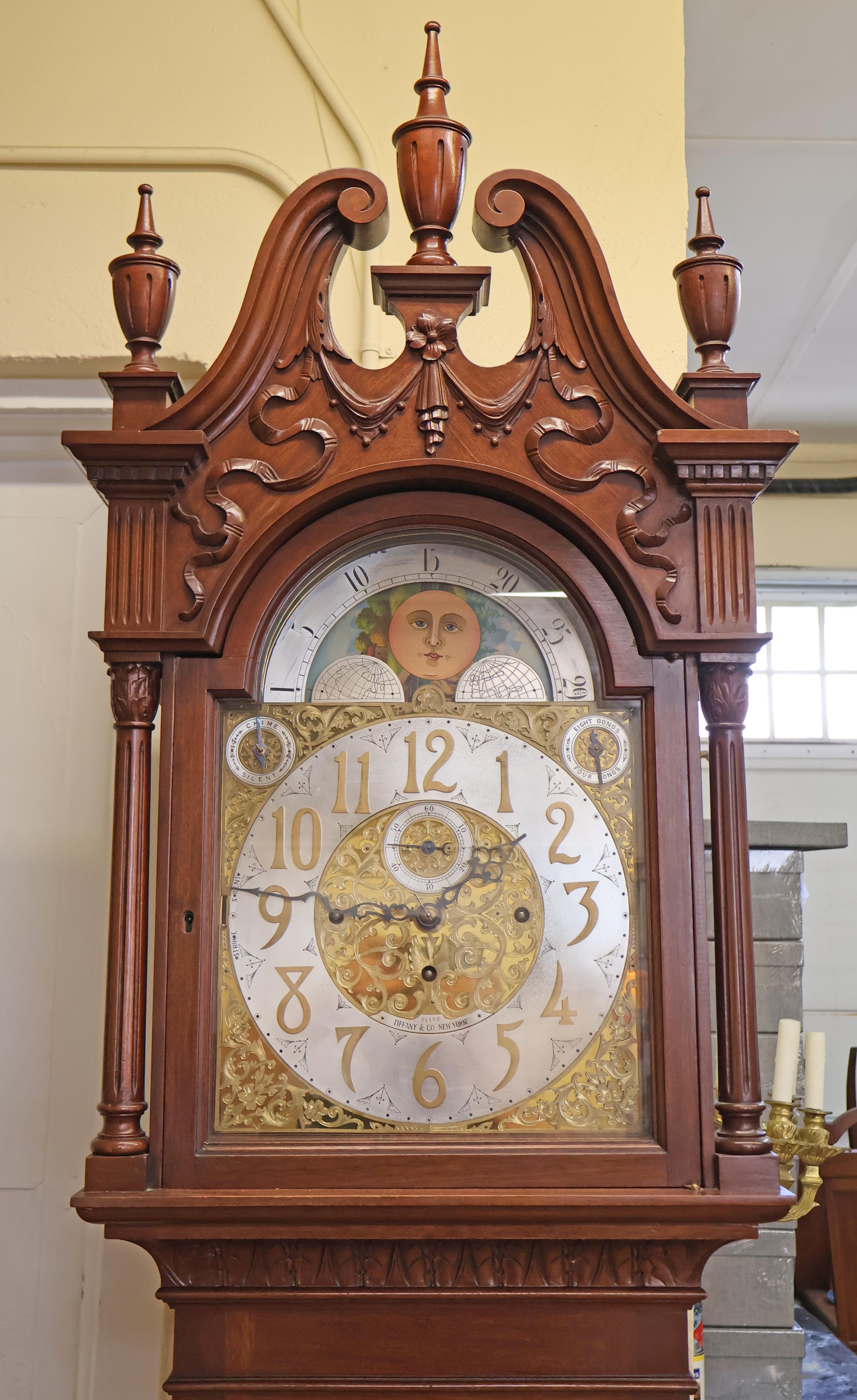 Glass Tiffany & Co Winterhalder Hofmeier 9 Gong Musical Mahogany Grandfather Clock