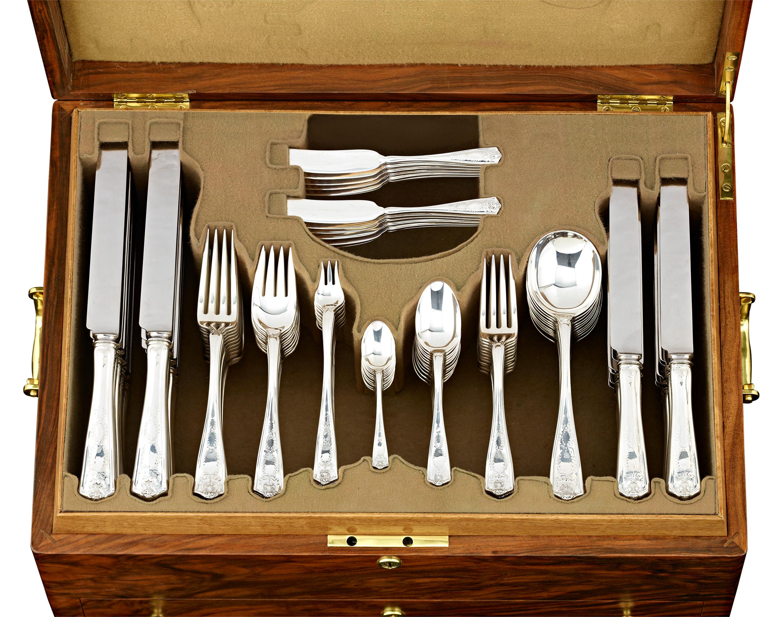 This magnificent silver flatware service for 12 by Tiffany & Co. displays the enchanting Winthrop pattern. Introduced by Tiffany & Co. in 1909, Winthrop is beautifully styled and remains one of the company’s most celebrated motifs. Incorporating