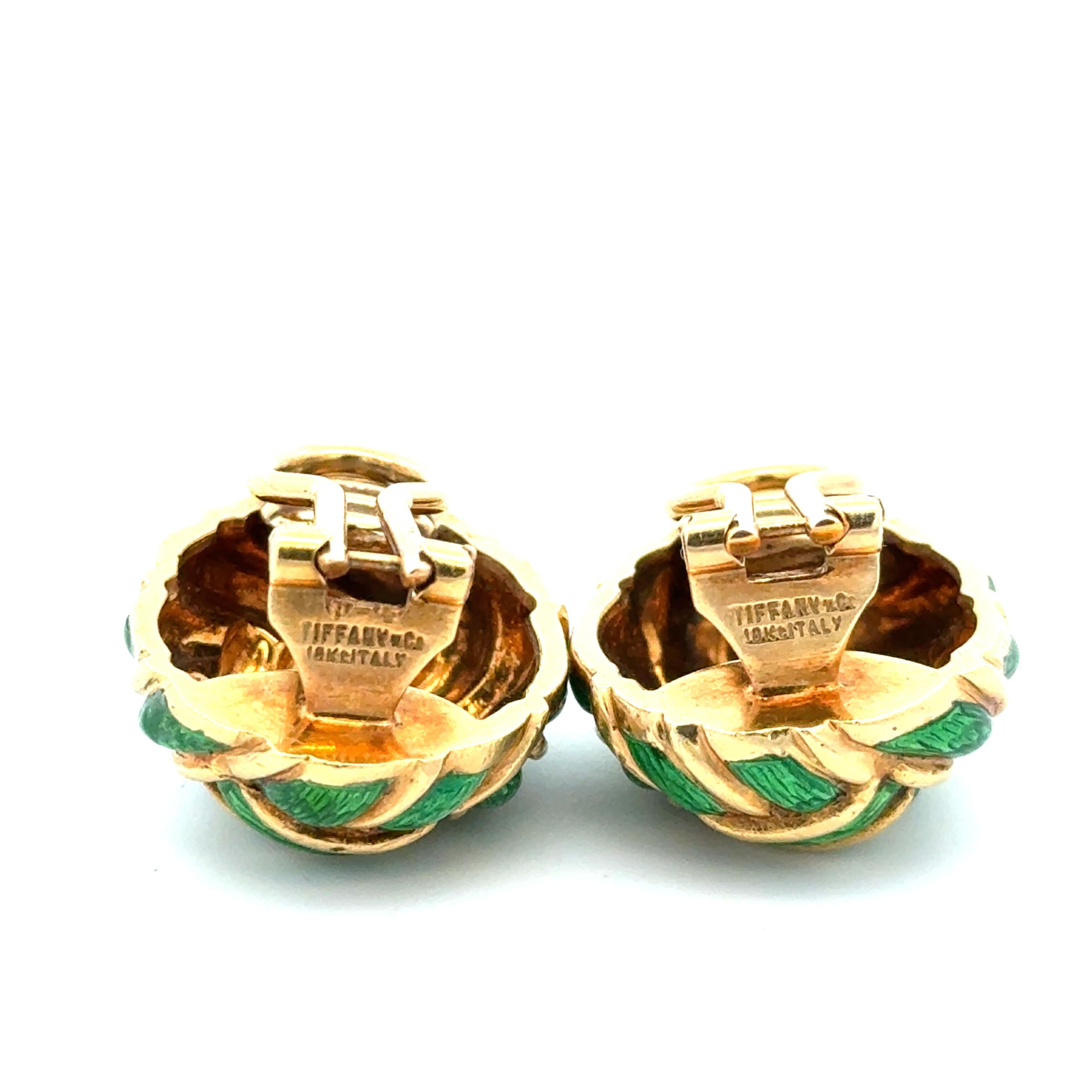 Tiffany & Co. Woven Green Enamel Earrings in 18K Yellow Gold. The earrings measure approximately 0.80