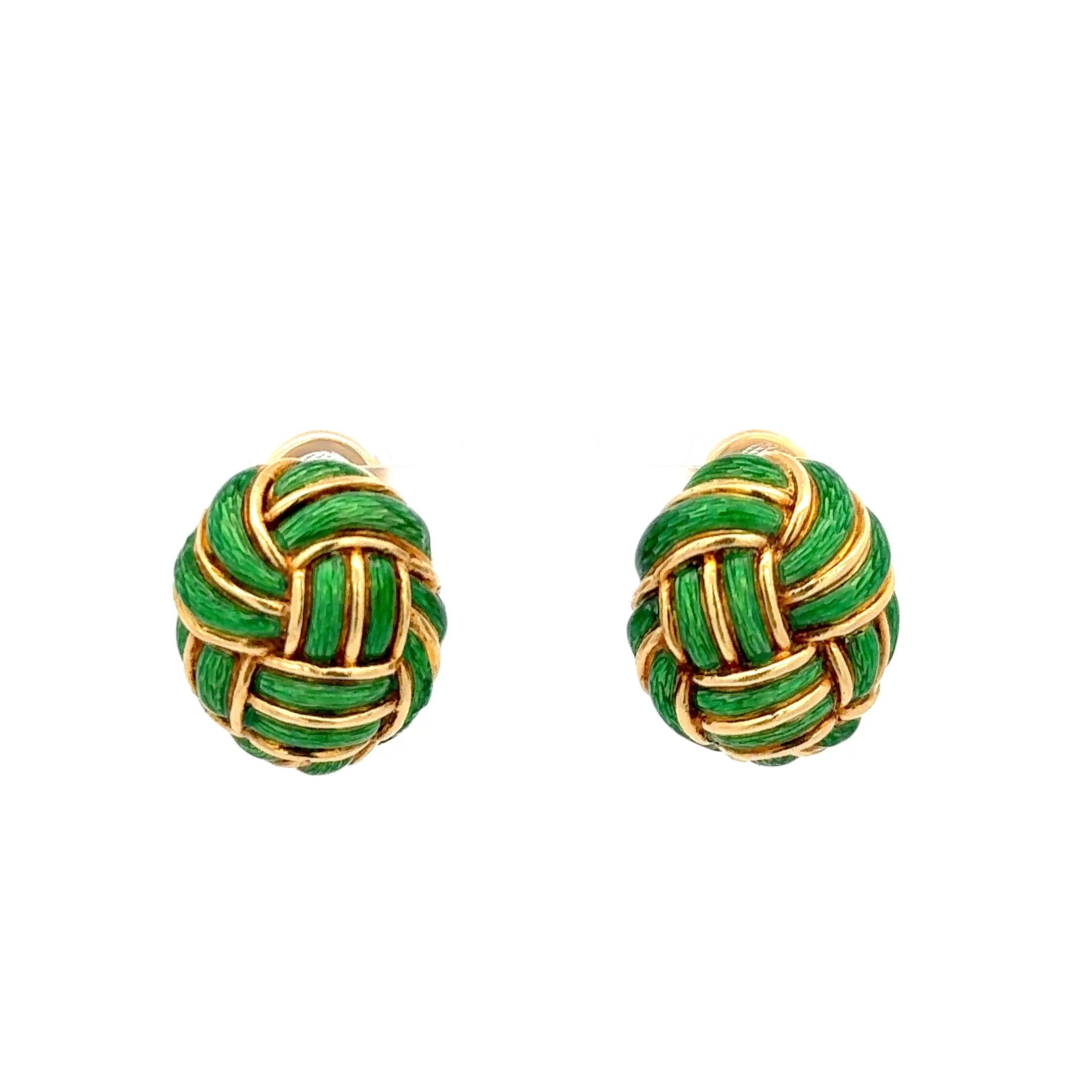 Tiffany & Co. Woven Green Enamel Earrings in 18K Yellow Gold For Sale 2