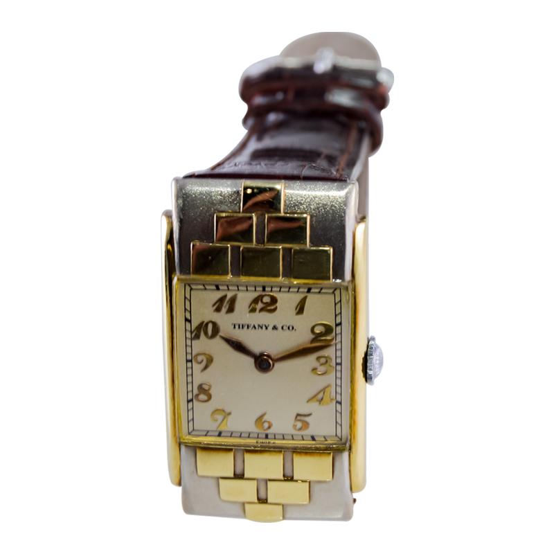 Tiffany & Co. Yellow and White Gold Art Deco Handmade Manual Watch For Sale 3