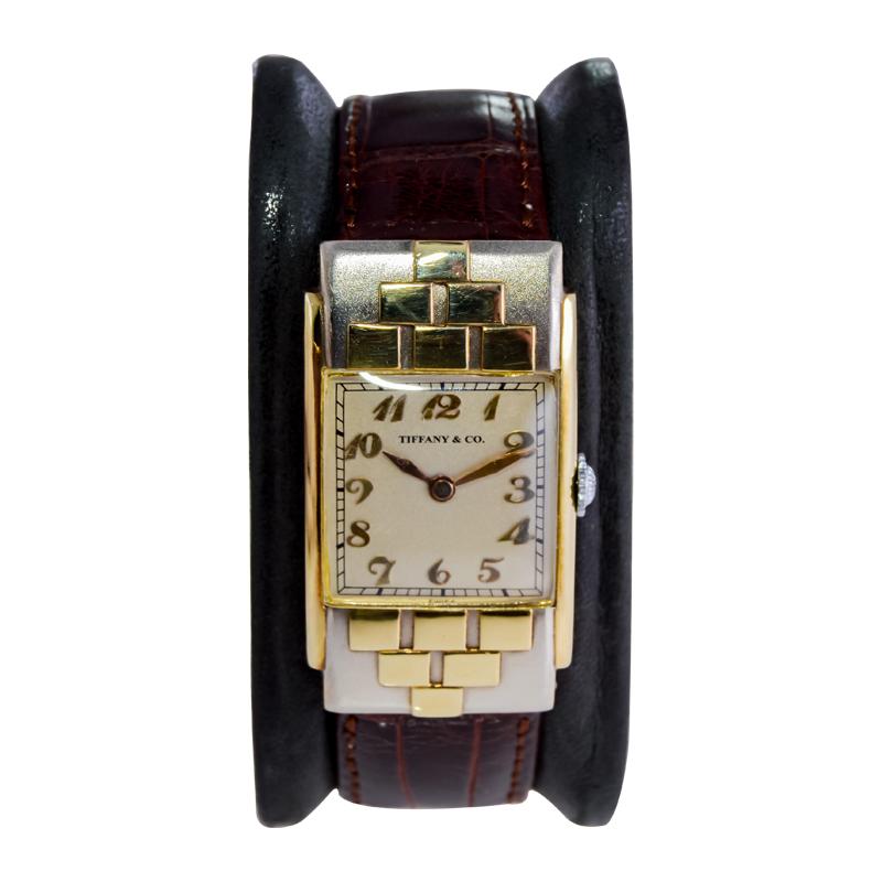 Women's or Men's Tiffany & Co. Yellow and White Gold Art Deco Handmade Manual Watch For Sale