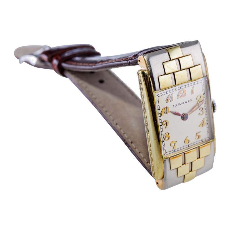 Tiffany & Co. Montre manuelle Art déco en or jaune et blanc faite à la main en vente 5