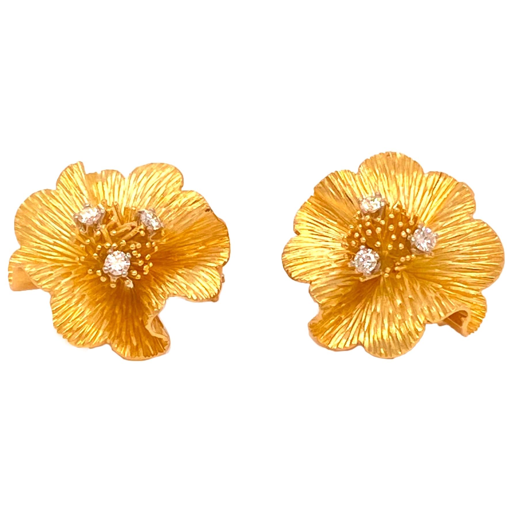 Tiffany & Co. Yellow Gold and Diamond Flower Earrings, Signed