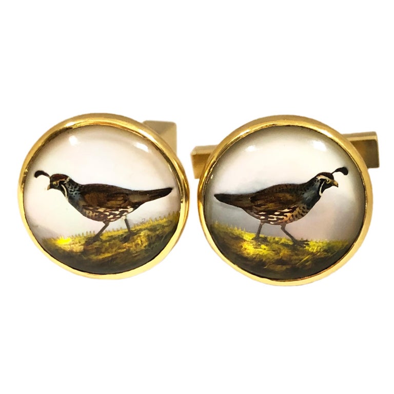Tiffany and Co. Yellow Gold and Reverse Crystal Quail Hunting Cufflinks