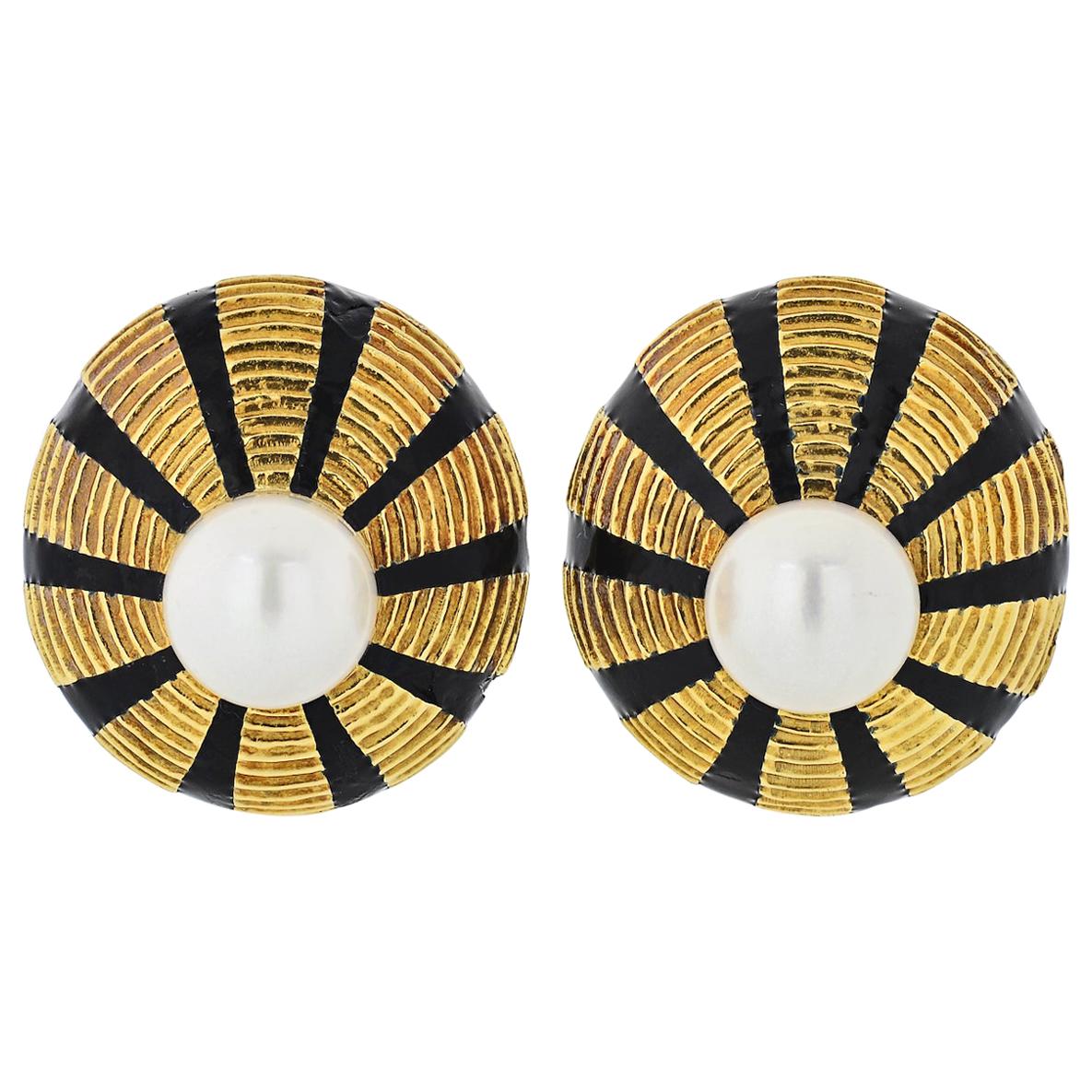 Tiffany & Co. Yellow Gold Black Enamel and Pearl Omega Taj Mahal Clip-On Earring For Sale