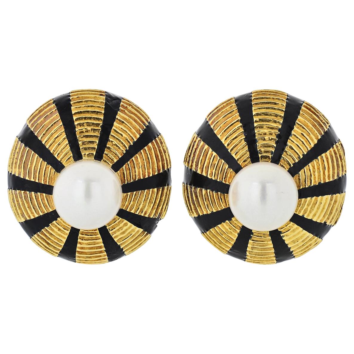 Tiffany & Co. Yellow Gold Black Enamel and Pearl Omega Taj Mahal Clip-On Earring