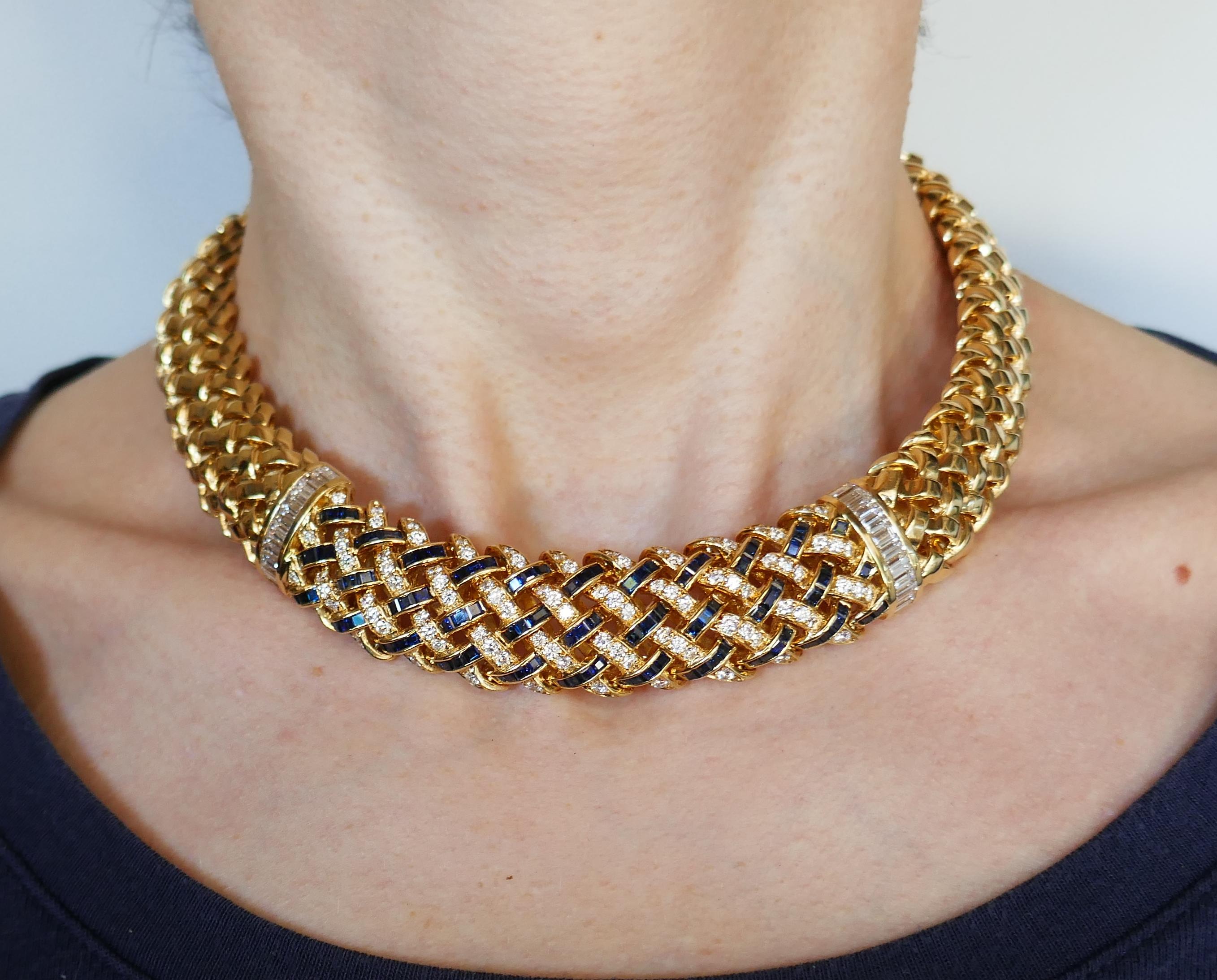 Tiffany & Co. Yellow Gold Collar Necklace Choker with Diamond Sapphire In Excellent Condition In Beverly Hills, CA