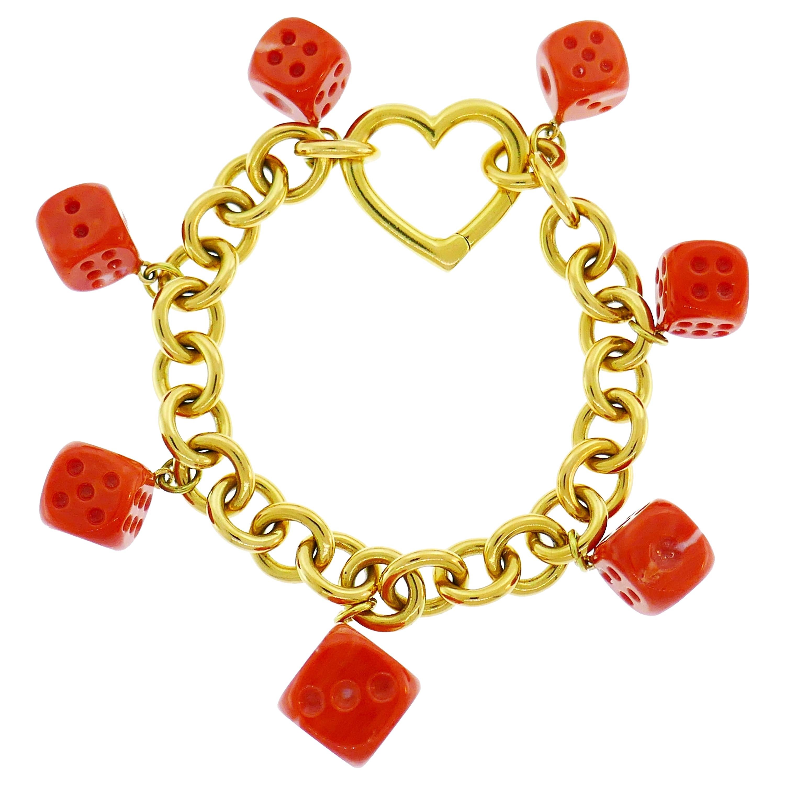 Tiffany & Co. Yellow Gold Coral Dice Charm Bracelet For Sale