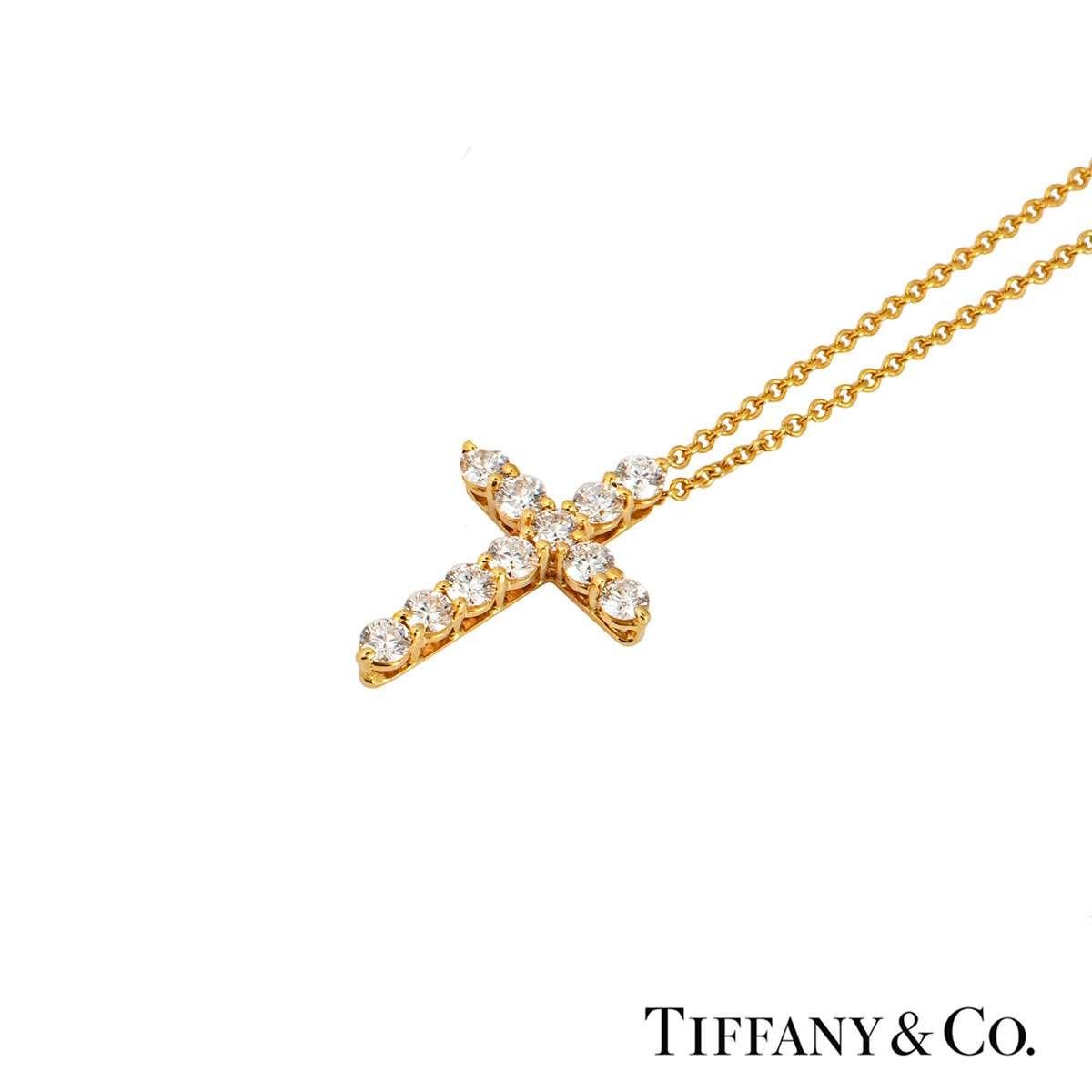 Round Cut Tiffany & Co. Yellow Gold Diamond Cross Pendant .42 Carat