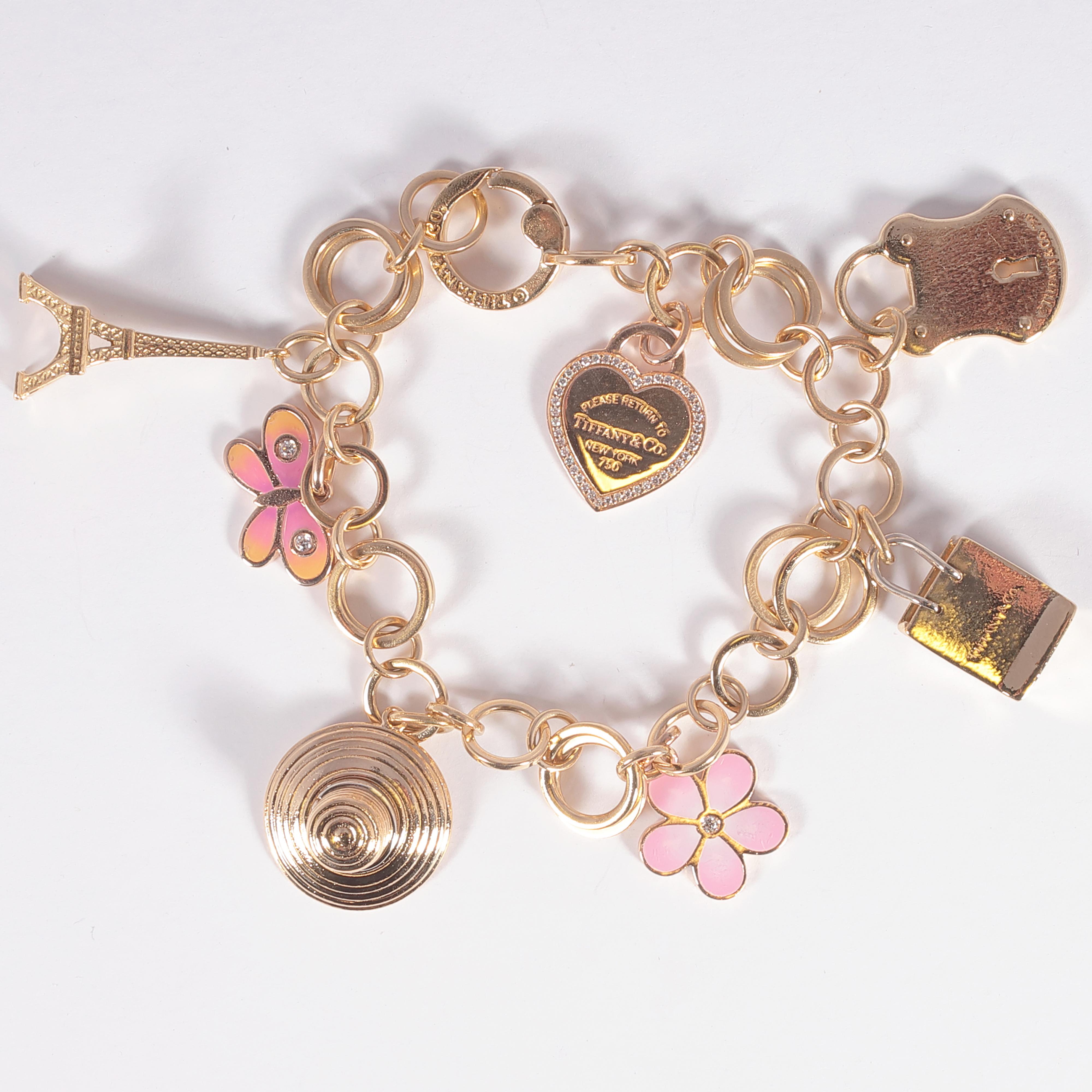 Round Cut Tiffany & Co. Yellow Gold Diamond Enamel Charm Bracelet