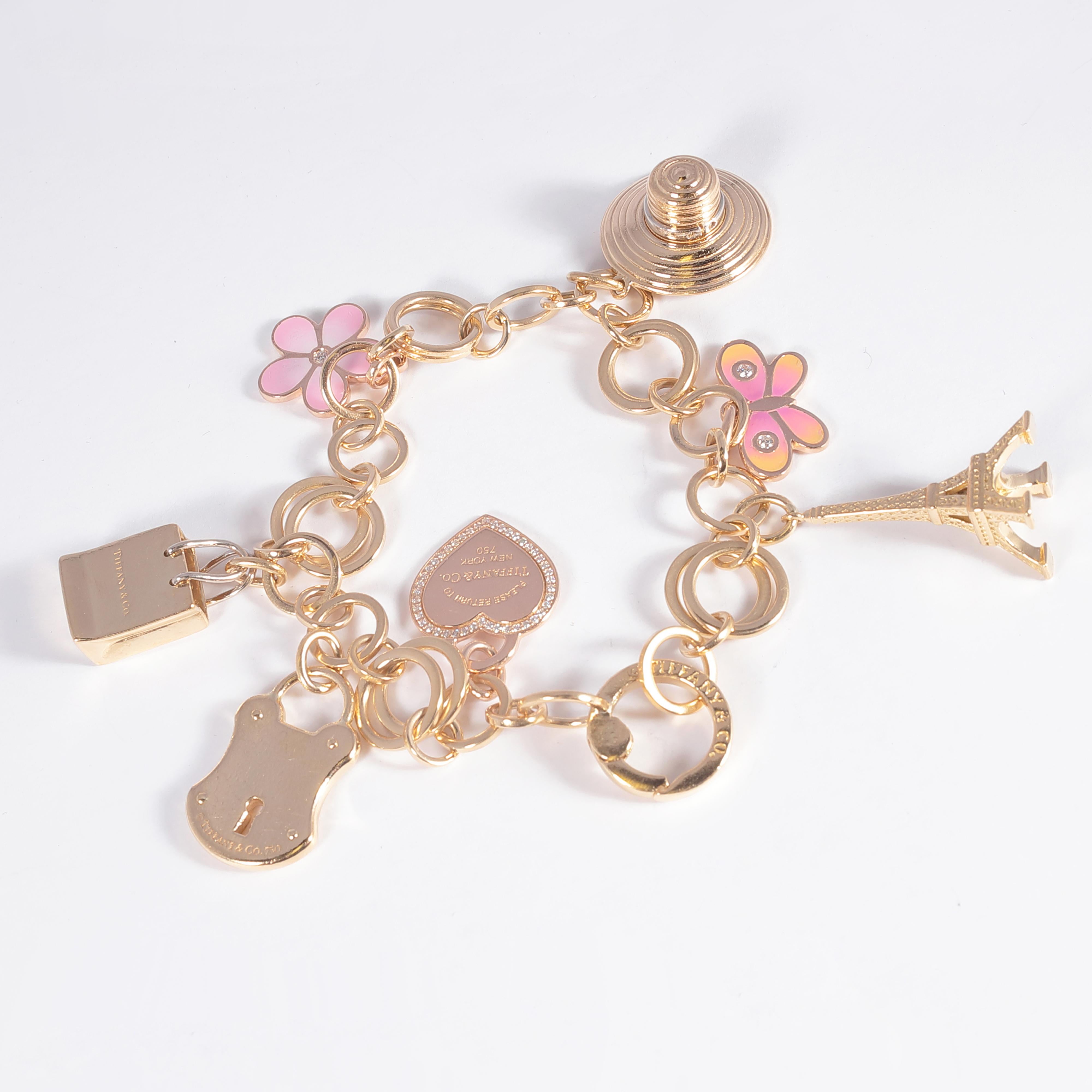 Women's or Men's Tiffany & Co. Yellow Gold Diamond Enamel Charm Bracelet