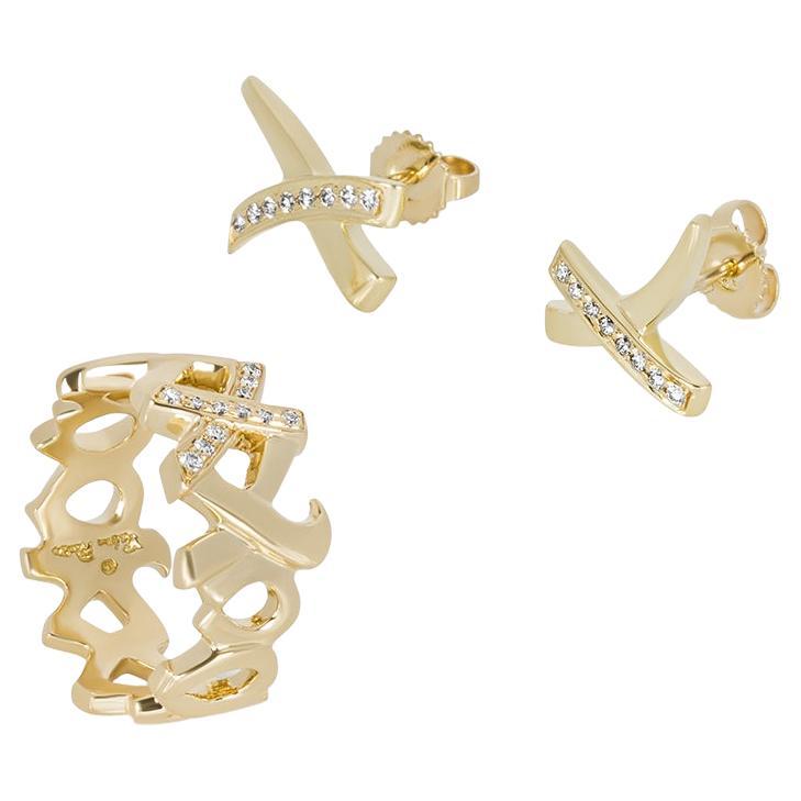 Tiffany & Co. Yellow Gold Diamond Graffiti X Earrings & Ring Suite For Sale