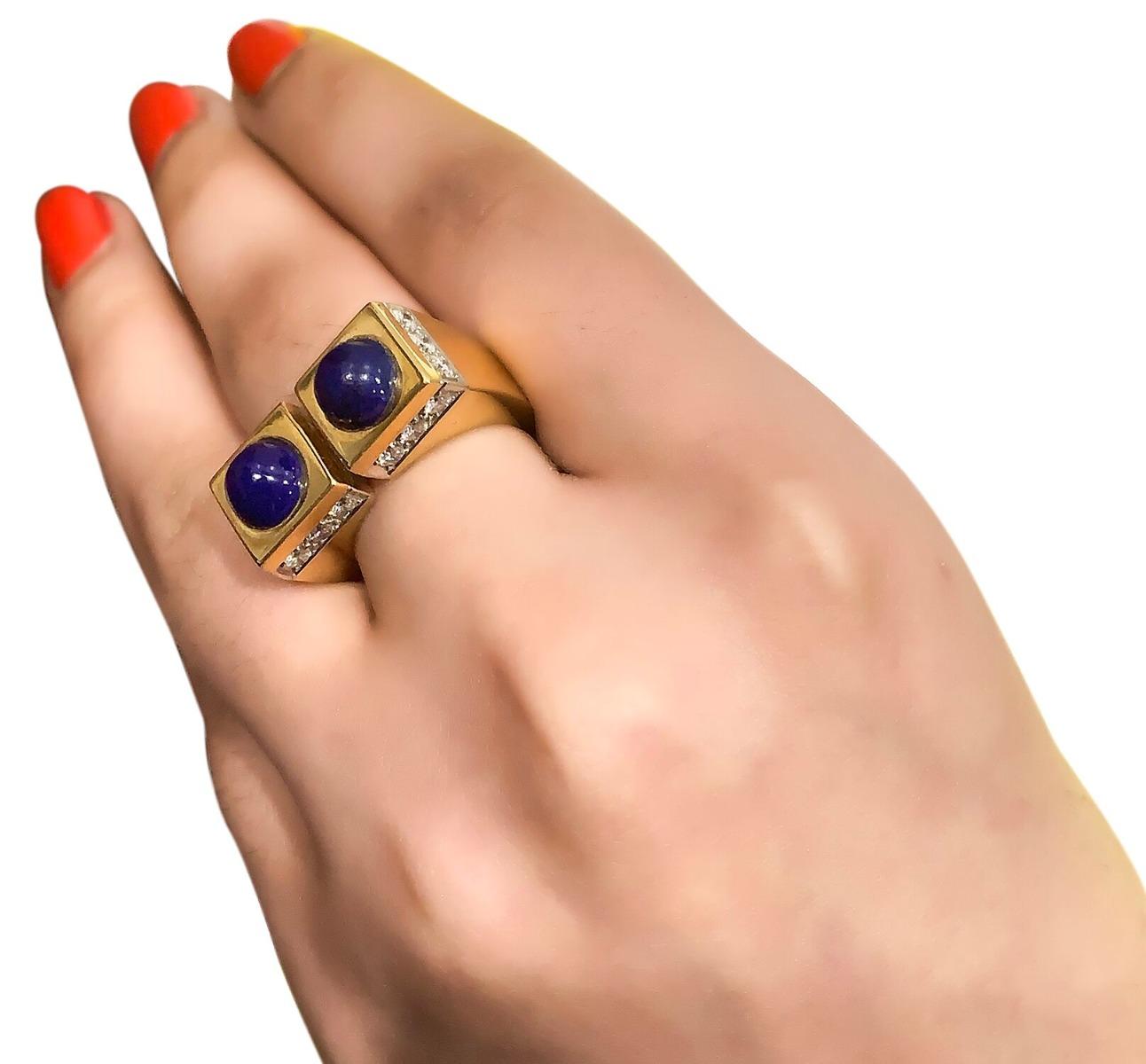 Tiffany & Co Yellow Gold Diamond Lapis Ring Set with 2 Lapis Lazuli Stones In Excellent Condition For Sale In New York, NY