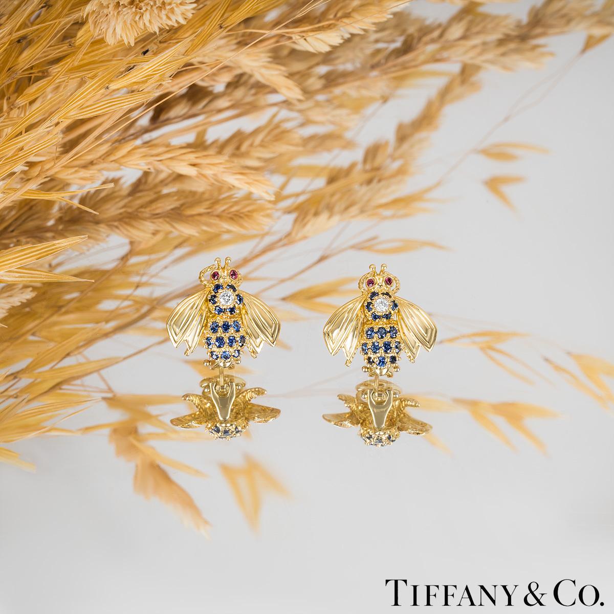 Round Cut Tiffany & Co. Yellow Gold, Diamond, Sapphire and Ruby Bee Earrings
