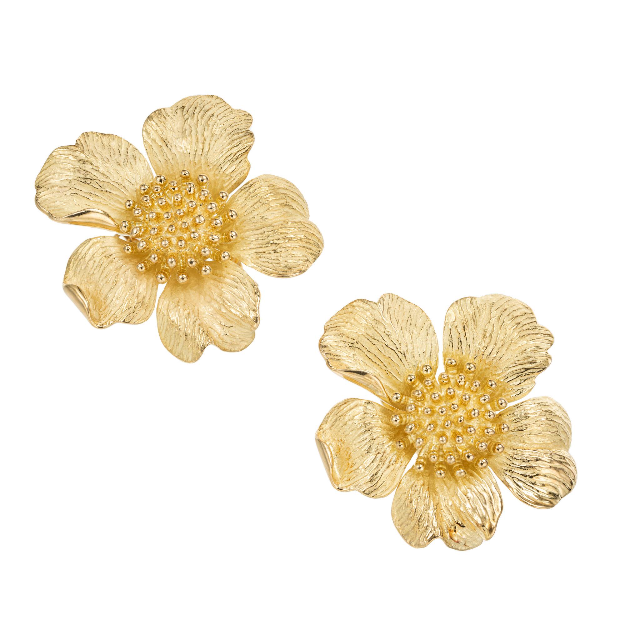 Tiffany & Co. Large dogwood flower motif clip post 3D earrings. These earrings are part of Tiffany's The American perennial collection which was created in the 1980's and featured flowers such as the Dogwood, Marguerite, Azalea, Wild Rose and the