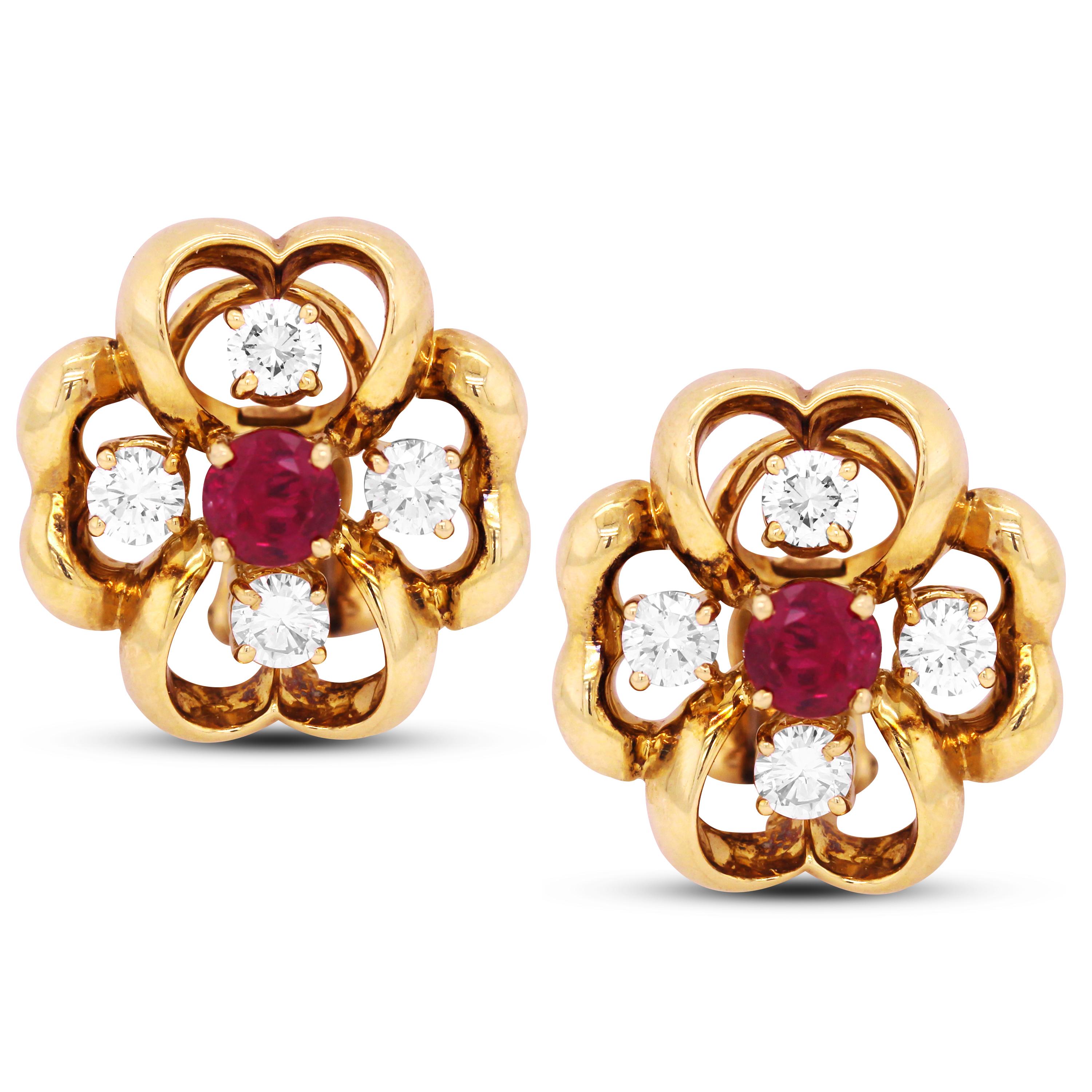 Round Cut Tiffany & Co. Yellow Gold Earrings with Diamonds and Ruby Centers