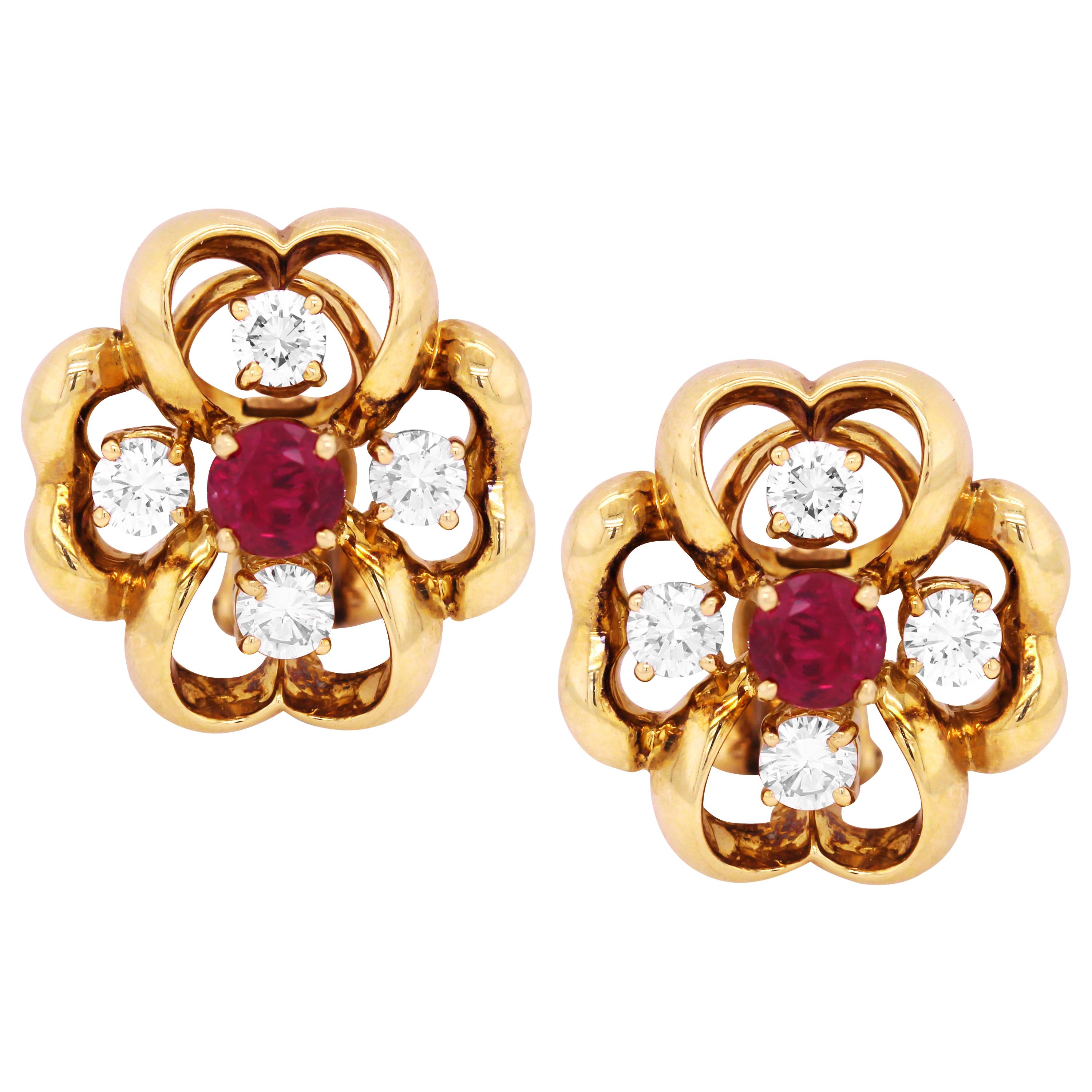 Tiffany & Co. Yellow Gold Earrings with Diamonds and Ruby Centers