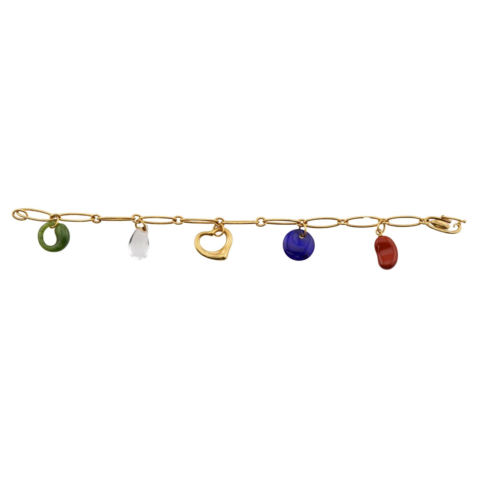 TIFFANY & CO Yellow Gold Elsa Peretti 5 Gemstone Charm Bracelet For Sale 4