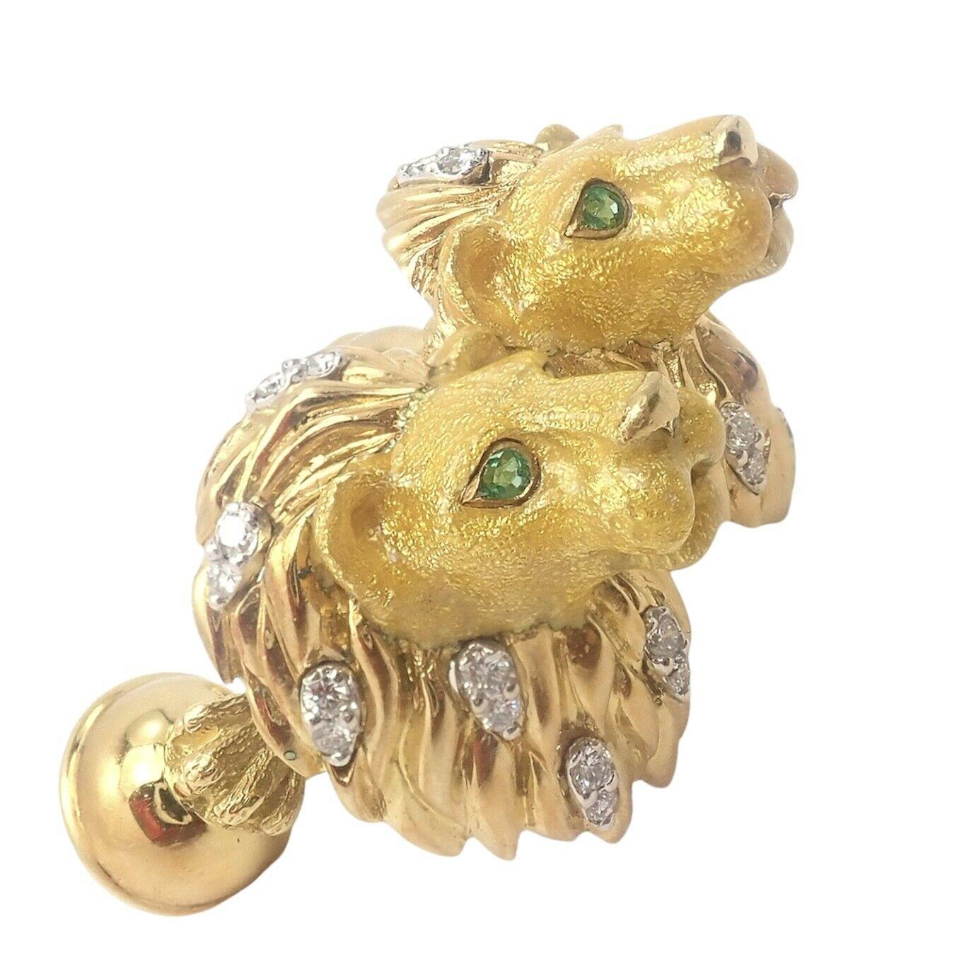 Tiffany & Co. Yellow Gold Emerald Diamond Enamel Lion Head Cufflinks 4