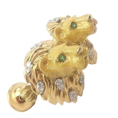 Tiffany & Co. Yellow Gold Emerald Diamond Enamel Lion Head Cufflinks