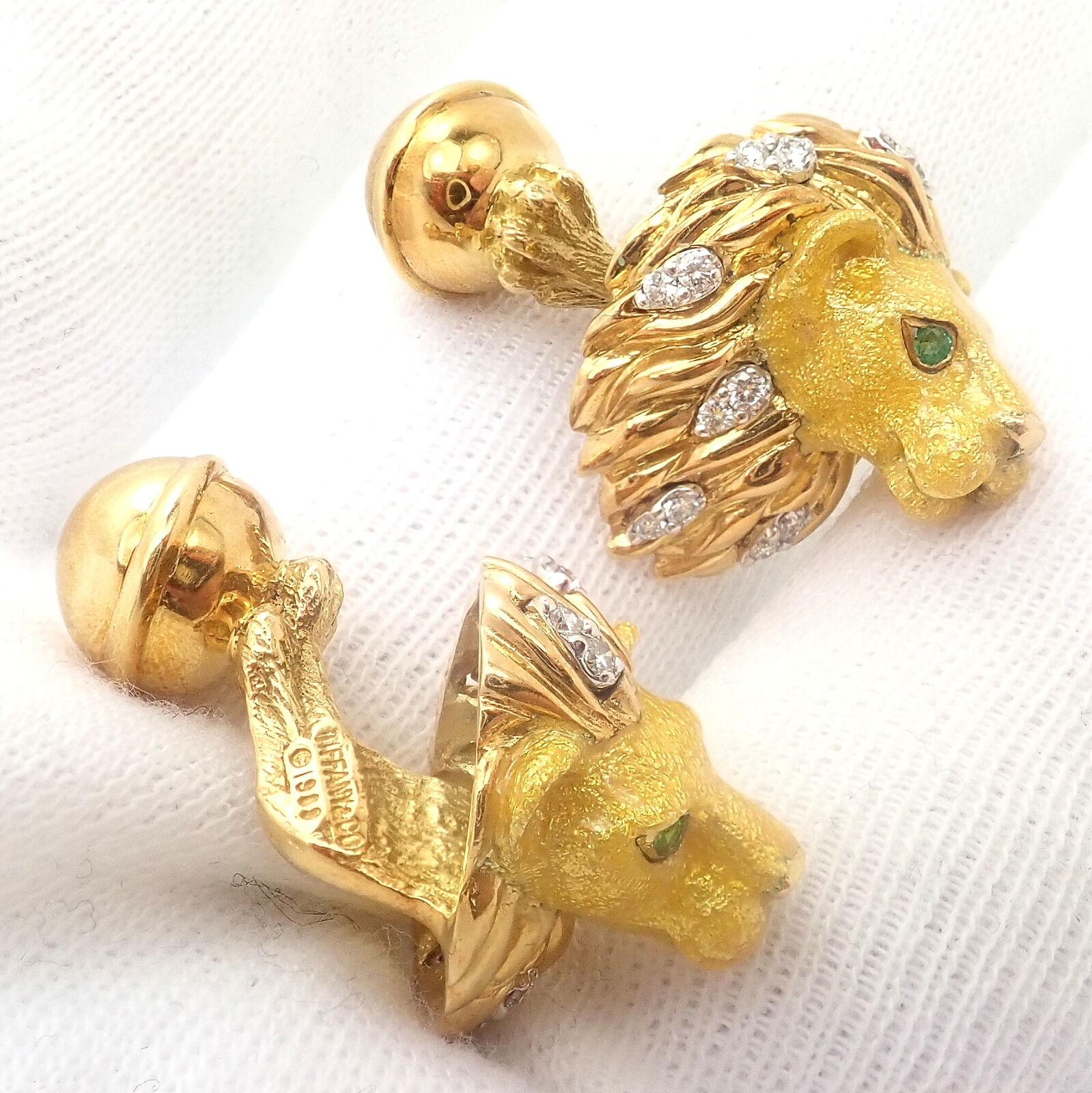 Brilliant Cut Tiffany & Co. Yellow Gold Emerald Diamond Enamel Lion Head Cufflinks