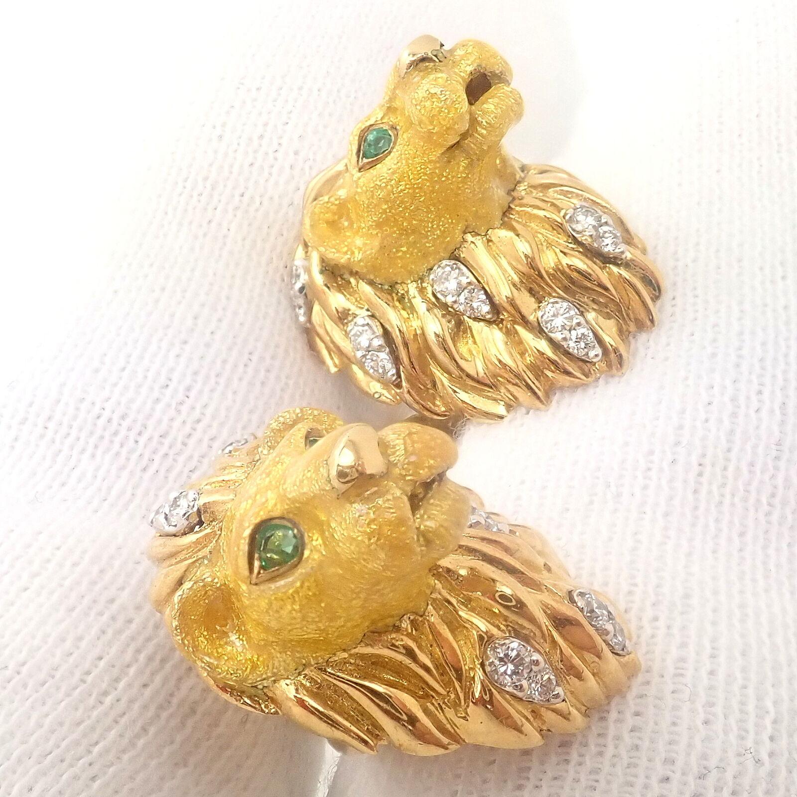 Tiffany & Co. Yellow Gold Emerald Diamond Enamel Lion Head Cufflinks In Excellent Condition In Holland, PA