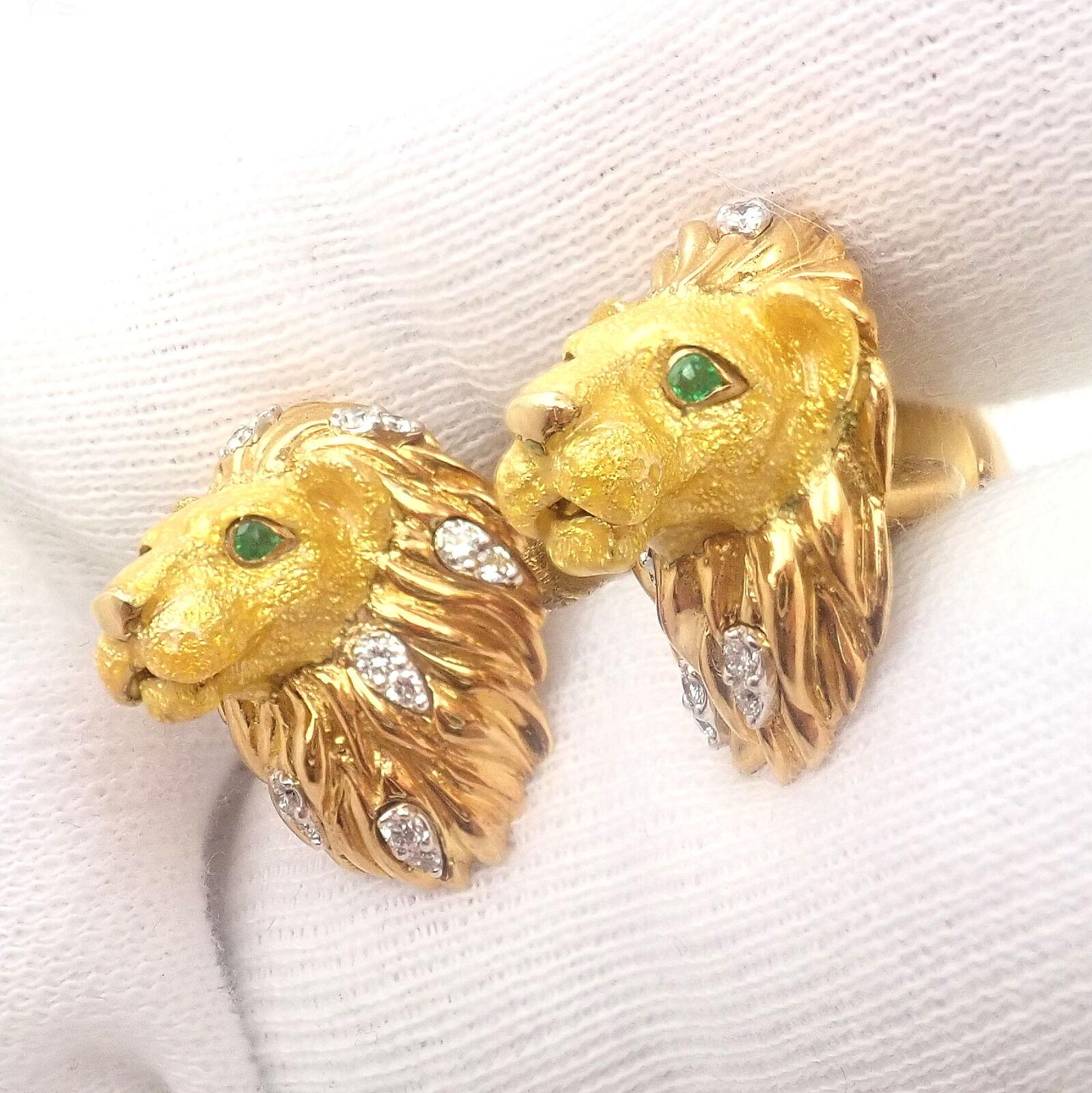 Women's Tiffany & Co. Yellow Gold Emerald Diamond Enamel Lion Head Cufflinks