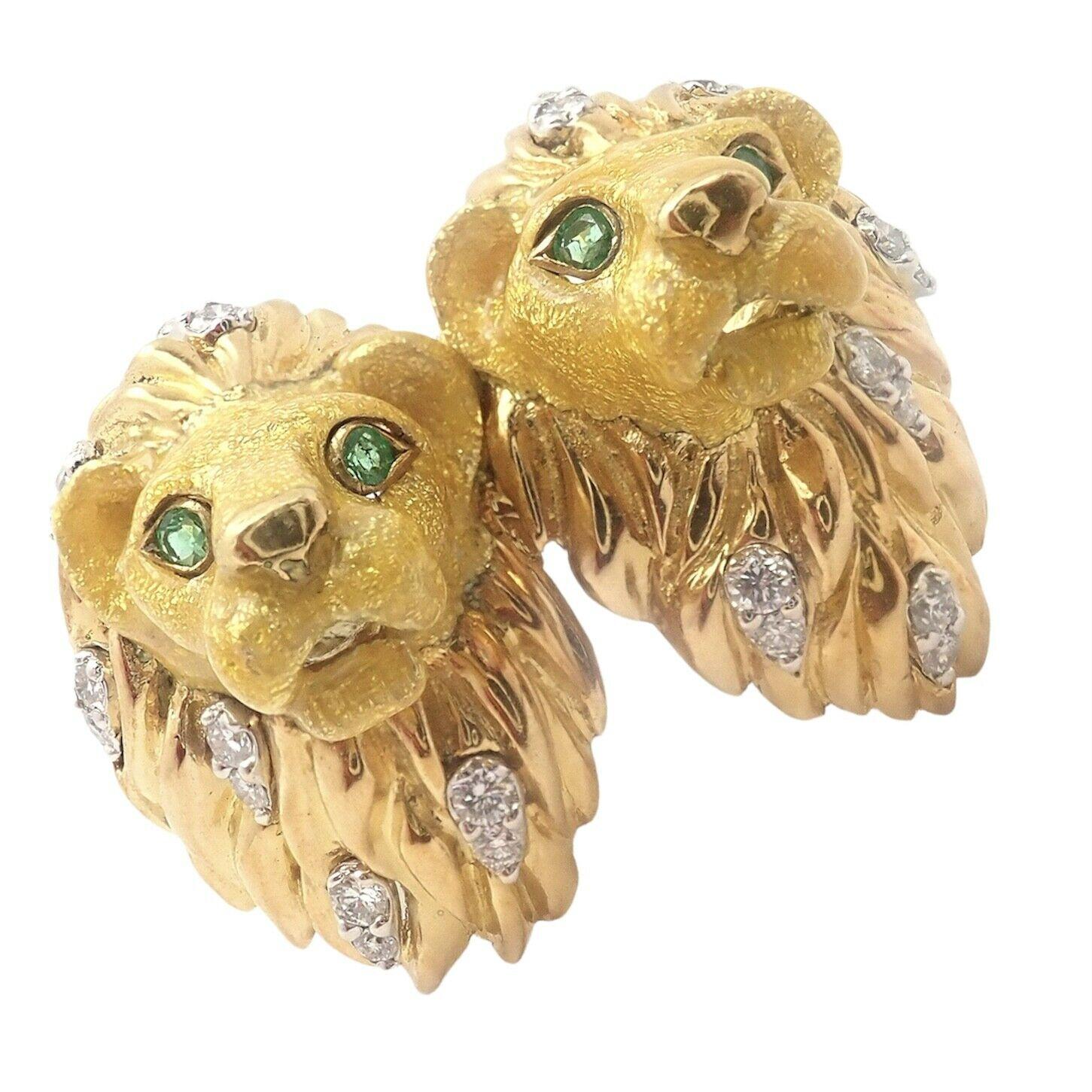 Tiffany & Co. Yellow Gold Emerald Diamond Enamel Lion Head Cufflinks 1