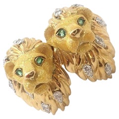 Tiffany & Co. Yellow Gold Emerald Diamond Enamel Lion Head Cufflinks