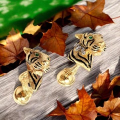 Tiffany & Co. Yellow Gold Emerald Diamond Enamel Tiger Head Cufflinks