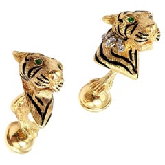 Tiffany & Co. Yellow Gold Emerald Diamond Enamel Tiger Head Cufflinks