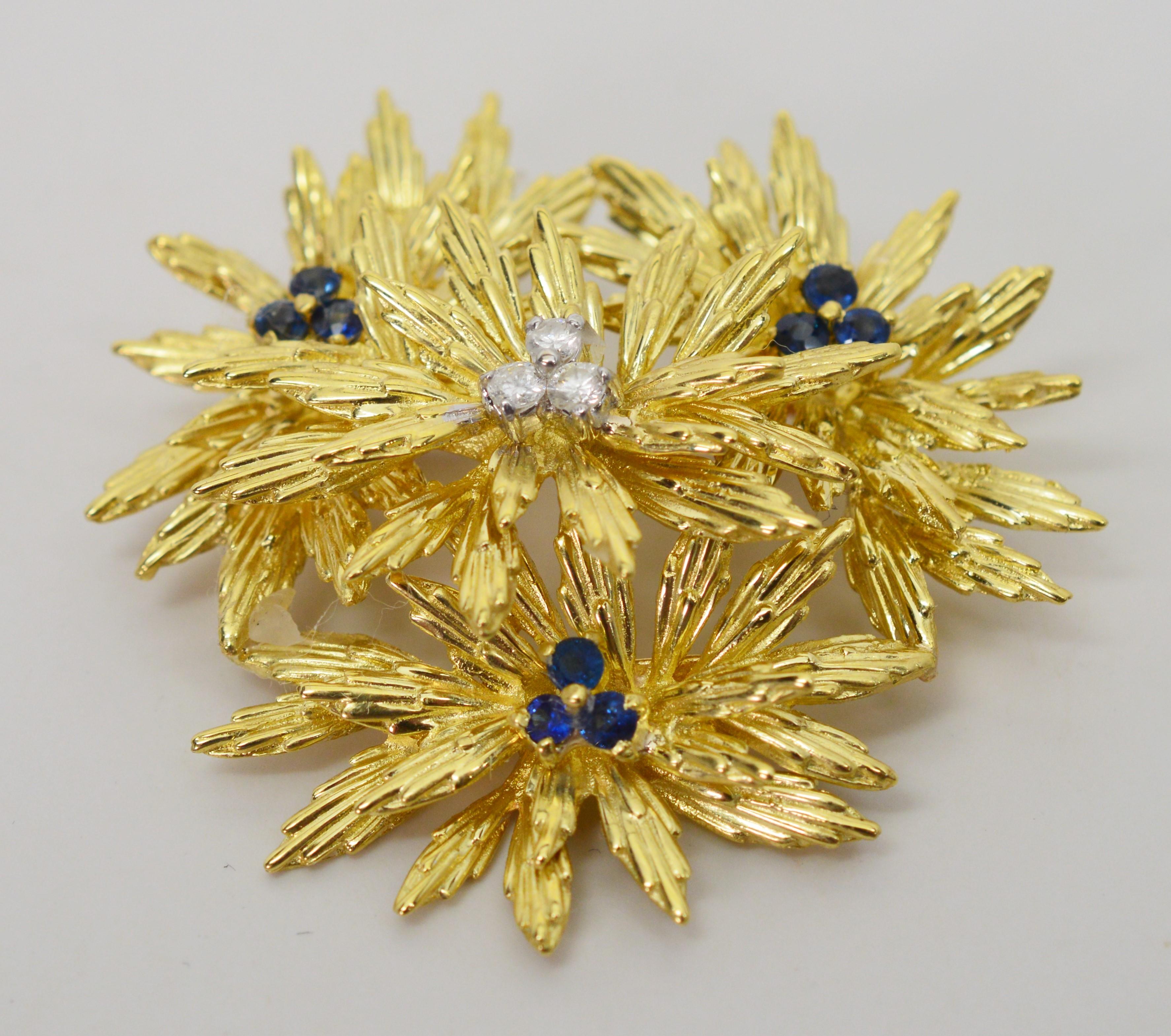 Women's Tiffany & Co. Gold Blue Sapphire Floral Cluster Brooch Pin