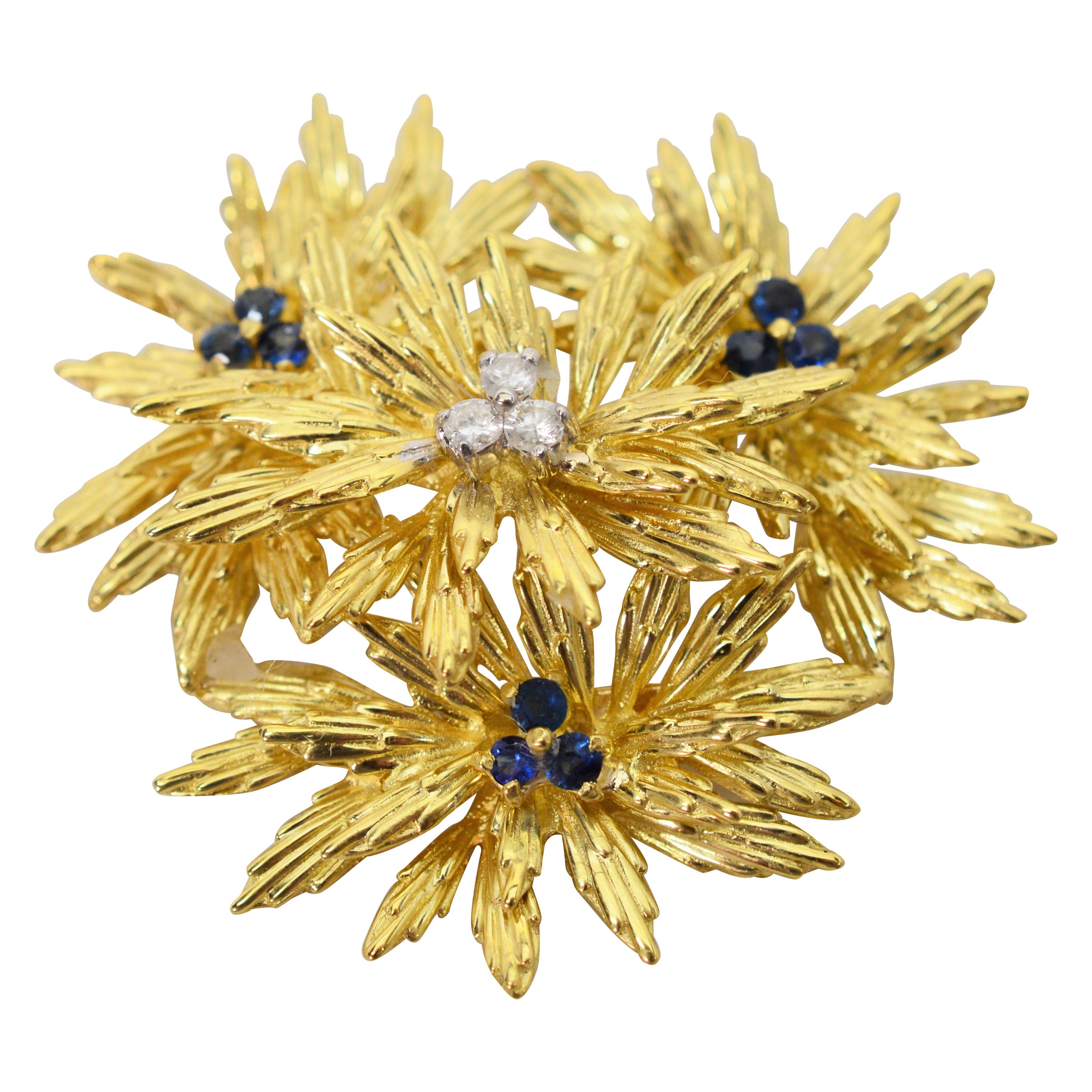 Tiffany & Co. Gold Blue Sapphire Floral Cluster Brooch Pin