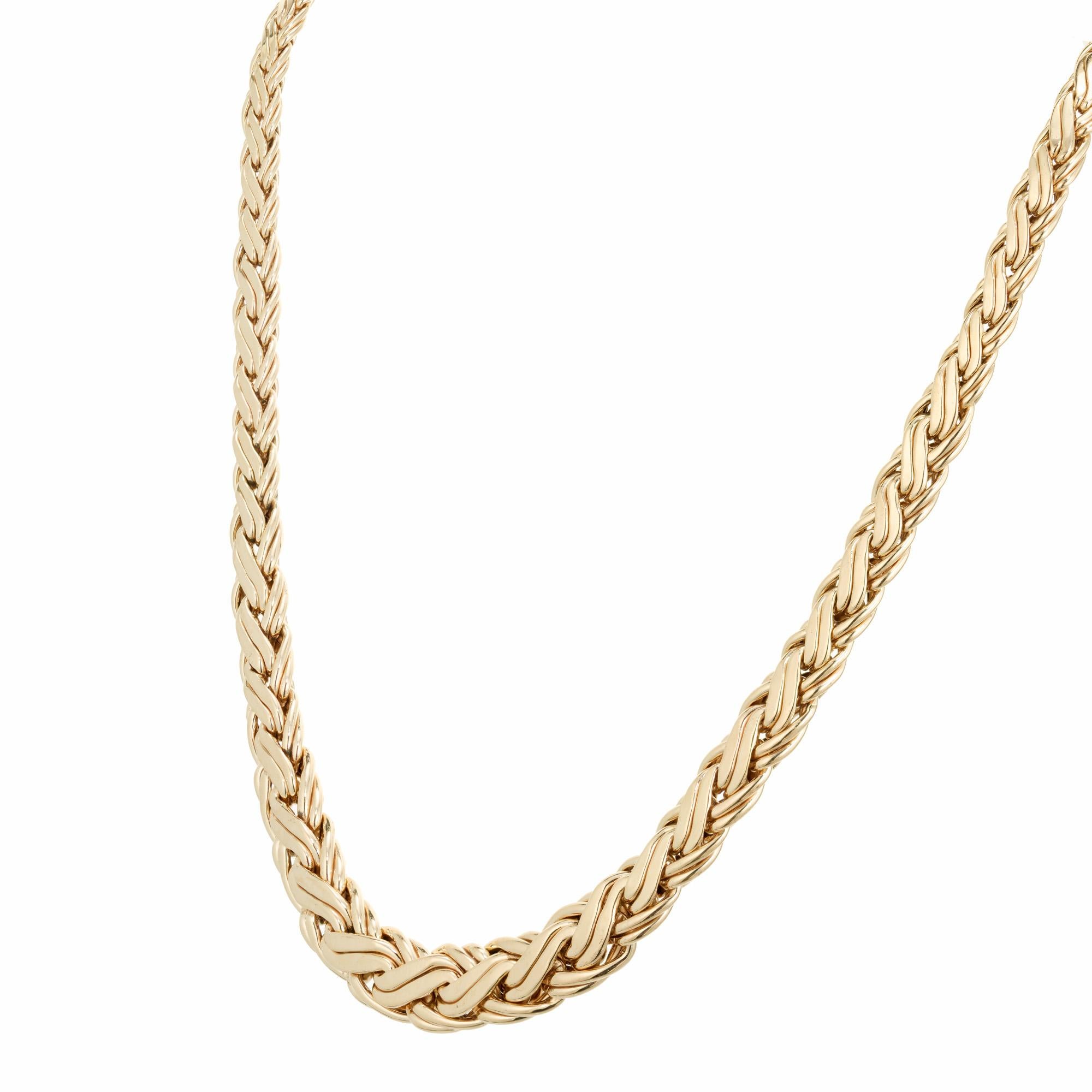 Beautiful 1980's Tiffany & Co graduated wheat chain design necklace. 16.25 inches in length. 

14k yellow gold 
Stamped: 585
Hallmark: Tiffany & Co
30.3 grams
Chain: 16.25 Inches
Width: 5-10mm
Thickness/depth: 2.6 -5.3mm
