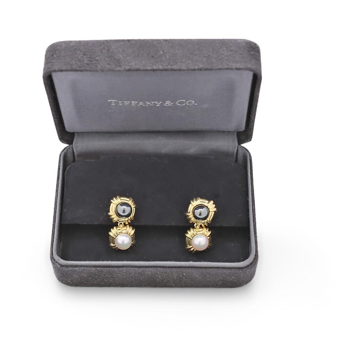 Tiffany & Co. Yellow Gold Hematite and Pearl Dangle Earrings In Excellent Condition In New York, NY