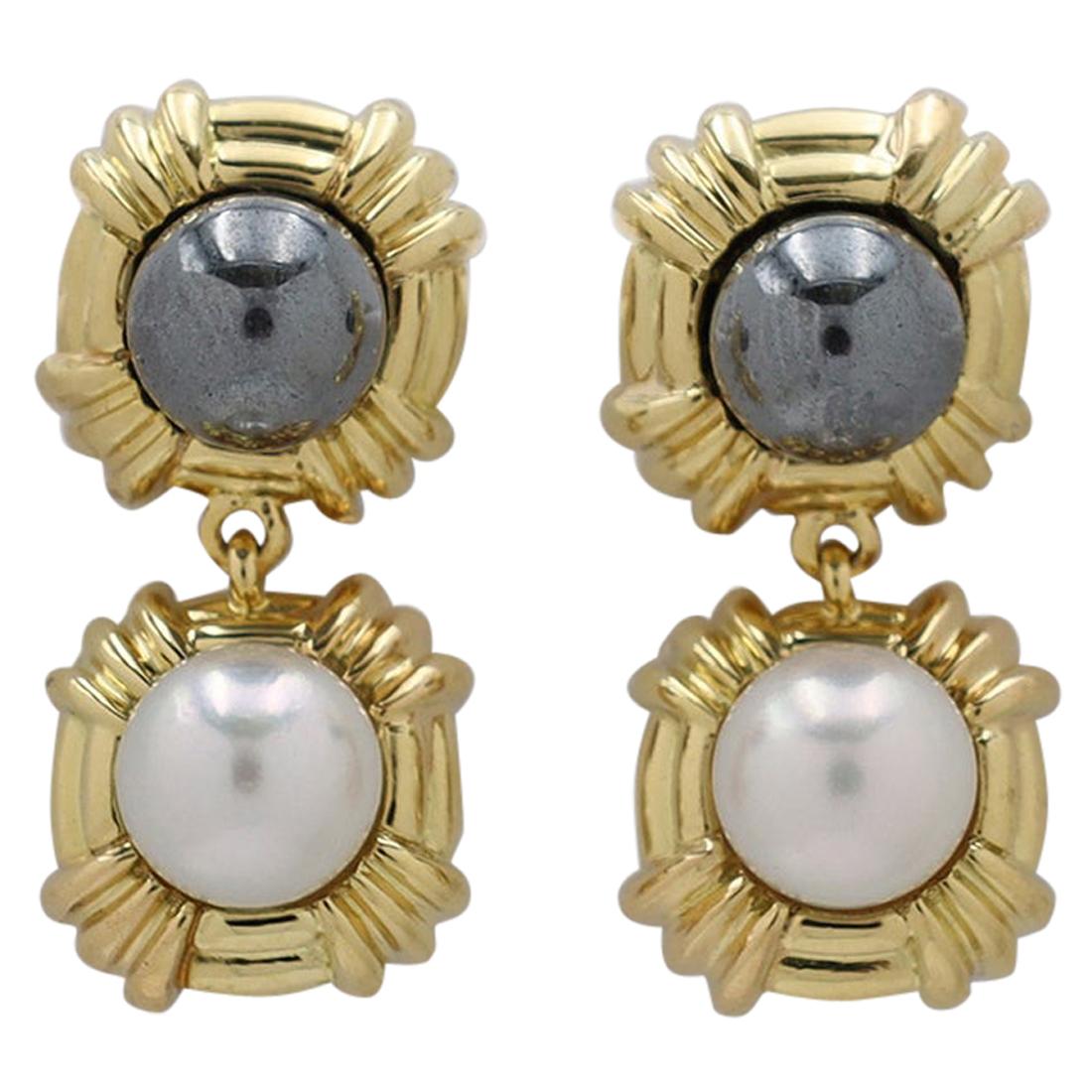 Tiffany & Co. Yellow Gold Hematite and Pearl Dangle Earrings