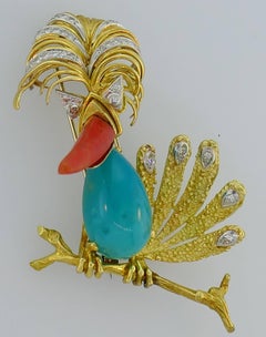 Tiffany & Co. Yellow Gold Heron Brooch Pin Clip with Coral Amazonite Diamond