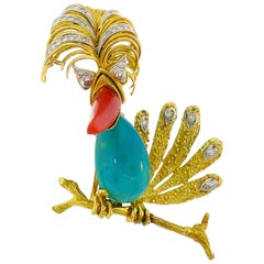 Tiffany & Co. Yellow Gold Heron Brooch Pin Clip with Coral Amazonite Diamond